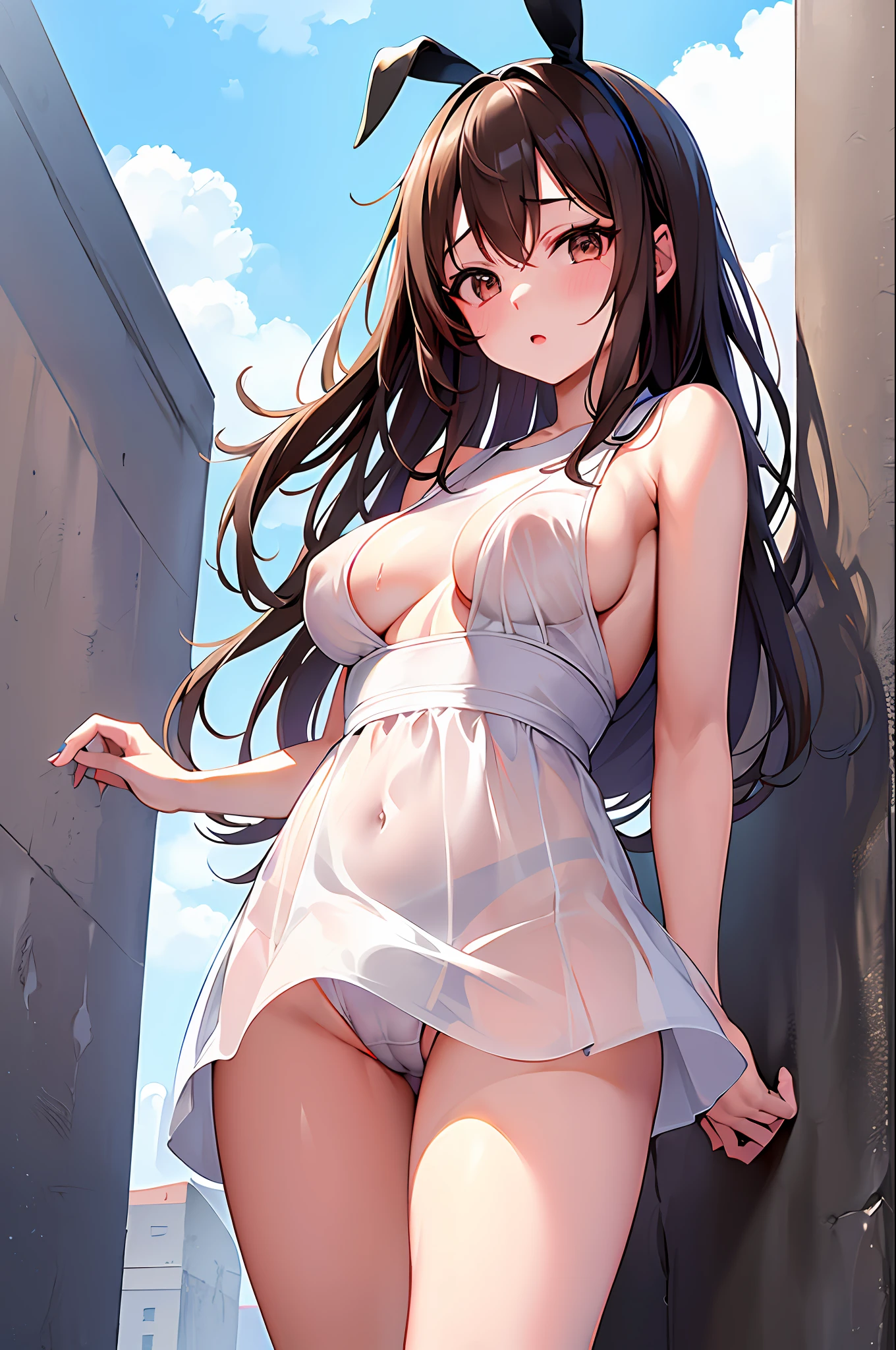 Mai Sakurajima in Rascal Does Not Dream of Bunny Girl Senpai, one cute woman, light brown hair, white sailor dress, brown eyes, hands rub breast, wet and see through, hard Nipple erection:1.9, Through nipple, looking at viewer, shy, (masterpiece, top quality, best quality, official art, (beautiful and aesthetic:1.2), (1 girl), extreme detailed, colorful, highest detailed, (medium breasts), upper body, from below, cameltoe:1.3, detailed white thong see through panties, skirt lift:1.2, underboob, city street, sun, cloud, wall, leaning, perfect proportion:1.2,