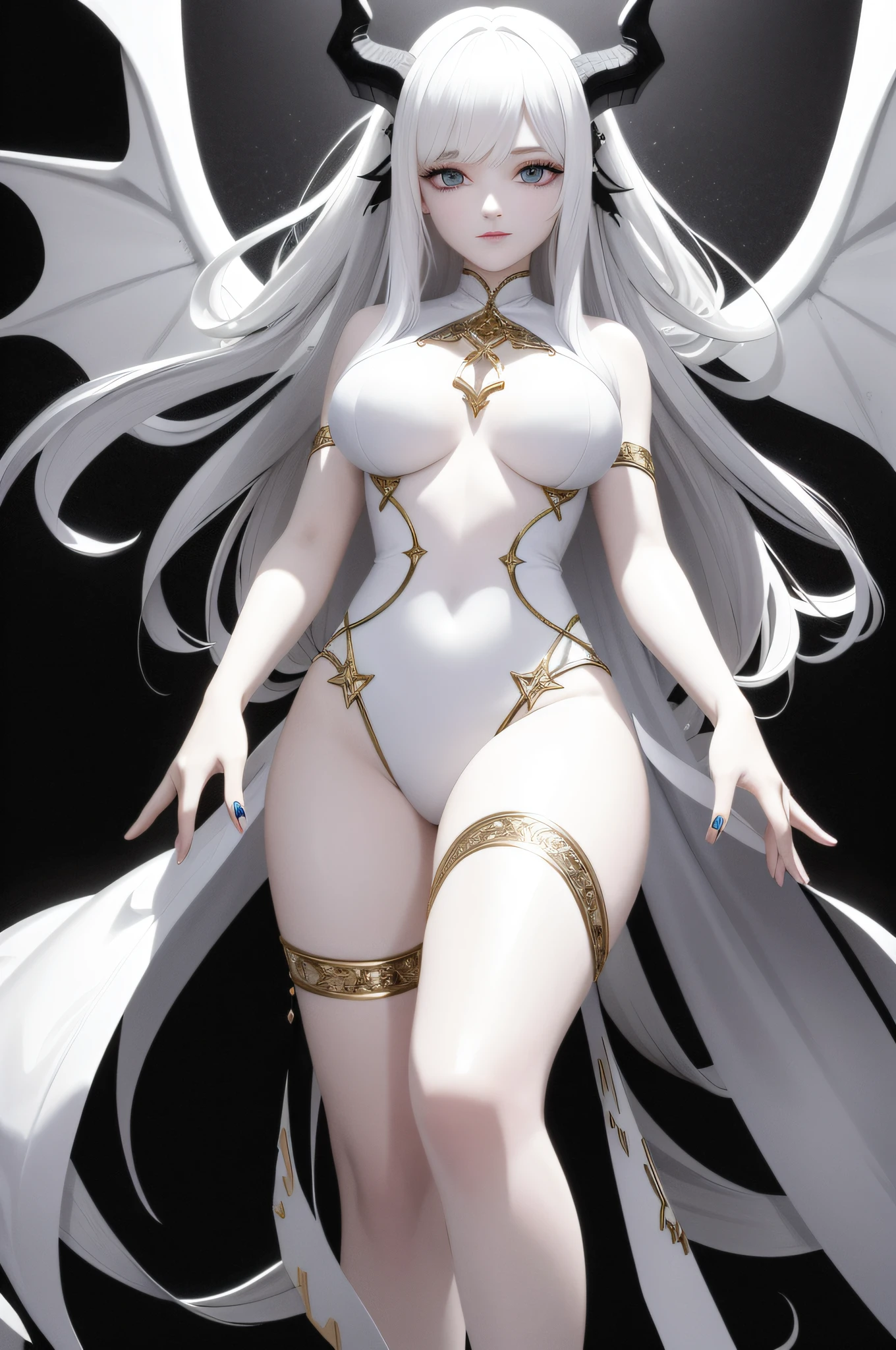 The statue depicted is a stunning work of art, with intricate details and a devilish appearance. The woman is carved from white marble and has a heart-shaped face, detailed eyes, and a cute yet menacing expression. She has bat-like wings, a pointed tail, and sharp claws, with two large horns protruding from her head. Her long hair flows around her, adding