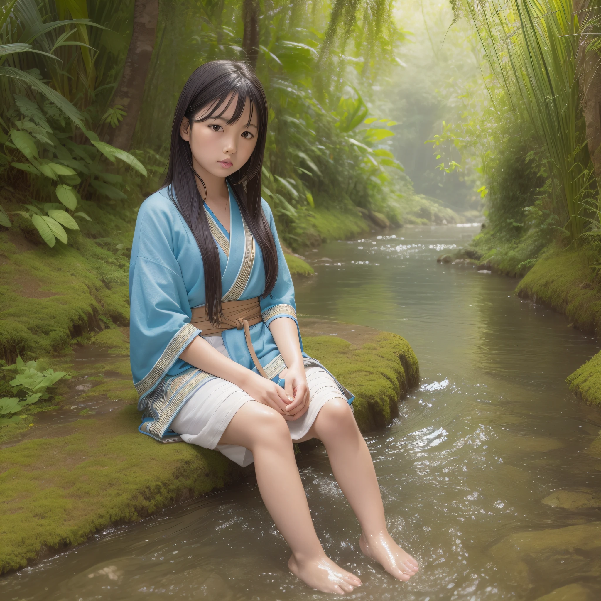 Woman sitting near river with feet dipped in water, young asian girl, young asian girl, young Japan girl, cute young girl, young cute girl, standing in shallow river, hyperrealist portrait in river, water, jungle river, Japan teenage portrait, buratop,short hair