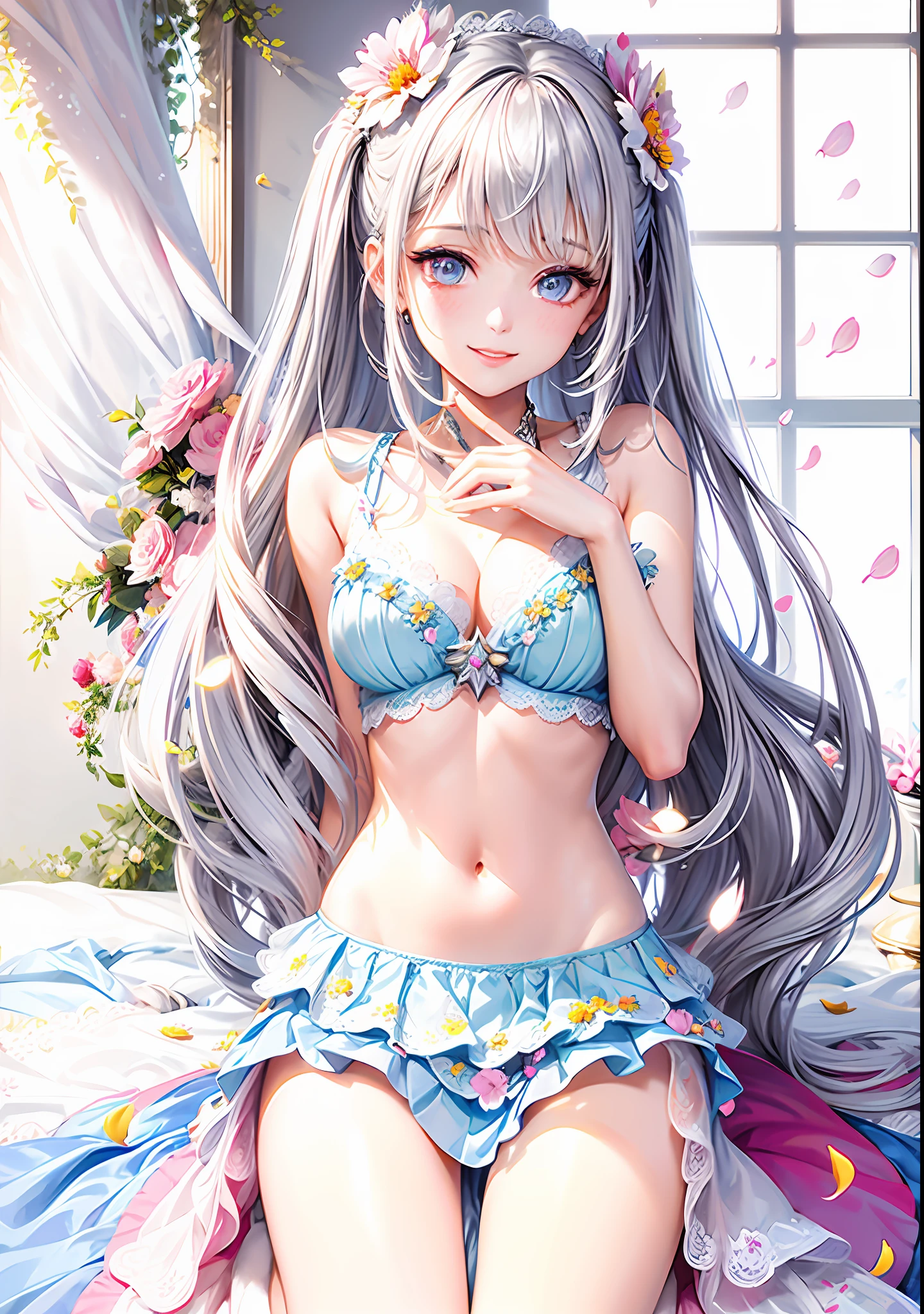 masterpiece, best quality, 1girl, (colorful),(finely detailed beautiful eyes and detailed face),cinematic lighting,bust shot,extremely detailed CG unity 8k wallpaper,white hair,solo,smile,intricate skirt,((flying petal)),(Flowery meadow) sky, cloudy_sky, building, moonlight, moon, night, (dark theme:1.3), light, fantasy,