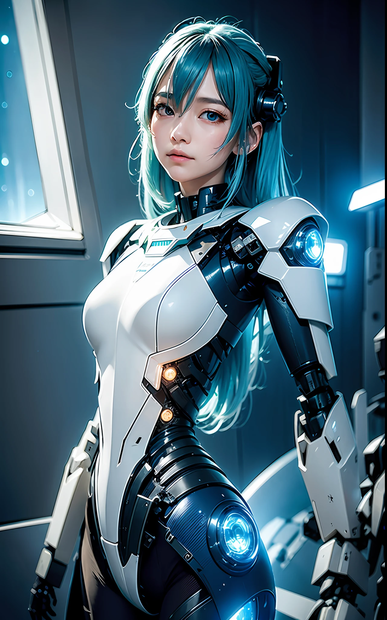soloaiyu, (closed mouth:1.3), best quality ,masterpiece, illustration, an extremely delicate and beautiful, extremely detailed ,CG ,unity ,8k wallpaper, Amazing, finely detail, masterpiece,best quality,official art,extremely detailed CG unity 8k wallpaper,absurdres, incredibly absurdres, ultra-detailed, highres, extremely detailed,beautiful detailed girl,light on face, 1girl, mecha, mechanical_body, (blue hair), green light, water, spaceship, city, star_sky, An interstellar war,