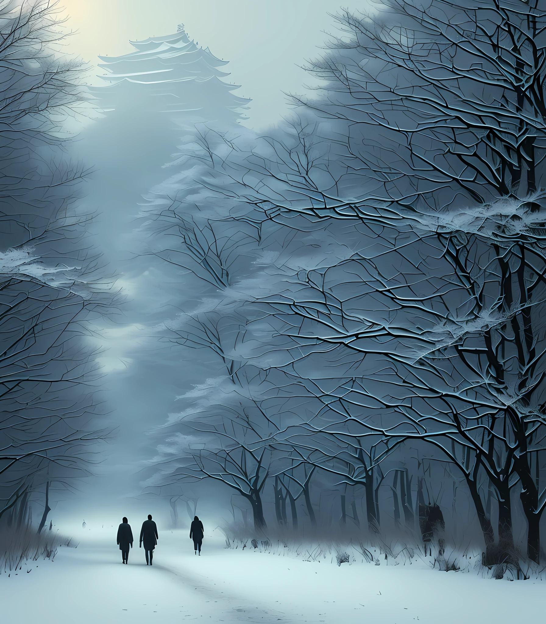 (masterpiece) high-detail RAW, ((Japan snowy landscape, couple of Japan, age 20s, 1 man and 1 woman)), walking through a forest alley with skyscrapers and trees, Hassan fantasy style, ultra-realistic highly detailed complex photorealistic by Jeremy Mann and Donato Giankora