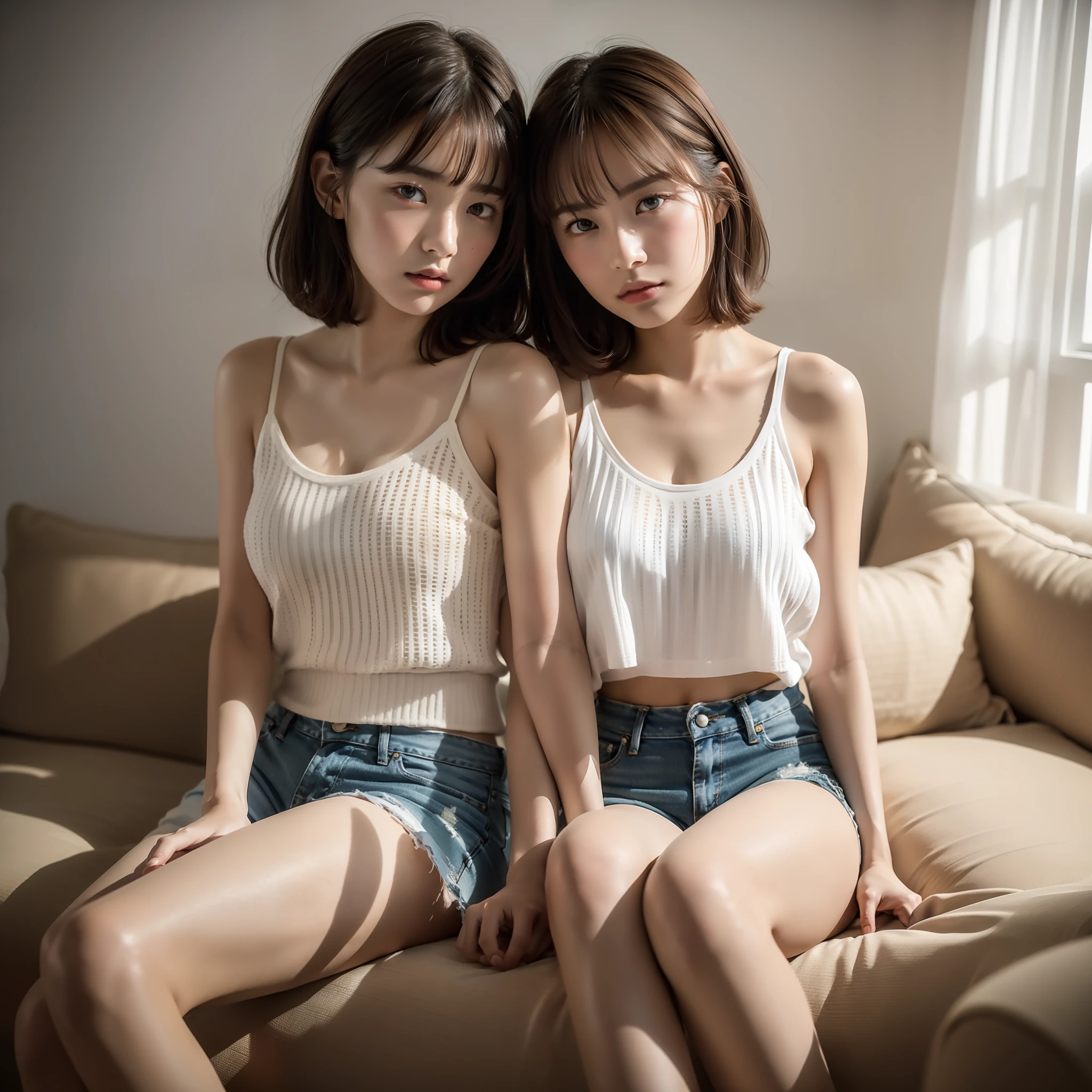 Perfect beautiful twin sisters, , beauty, holding hands, faint smile, same height, same hairstyle, bangs, white tank top, shorts, photo studio, white background, (look at viewer: 1.2) (skin texture) (Film grain: 1.3), (warm shades, warm tones), (highest quality, masterpiece)))), (very detailed))), RAW photos, real, cinematic lighting, best quality, 8k UHD,