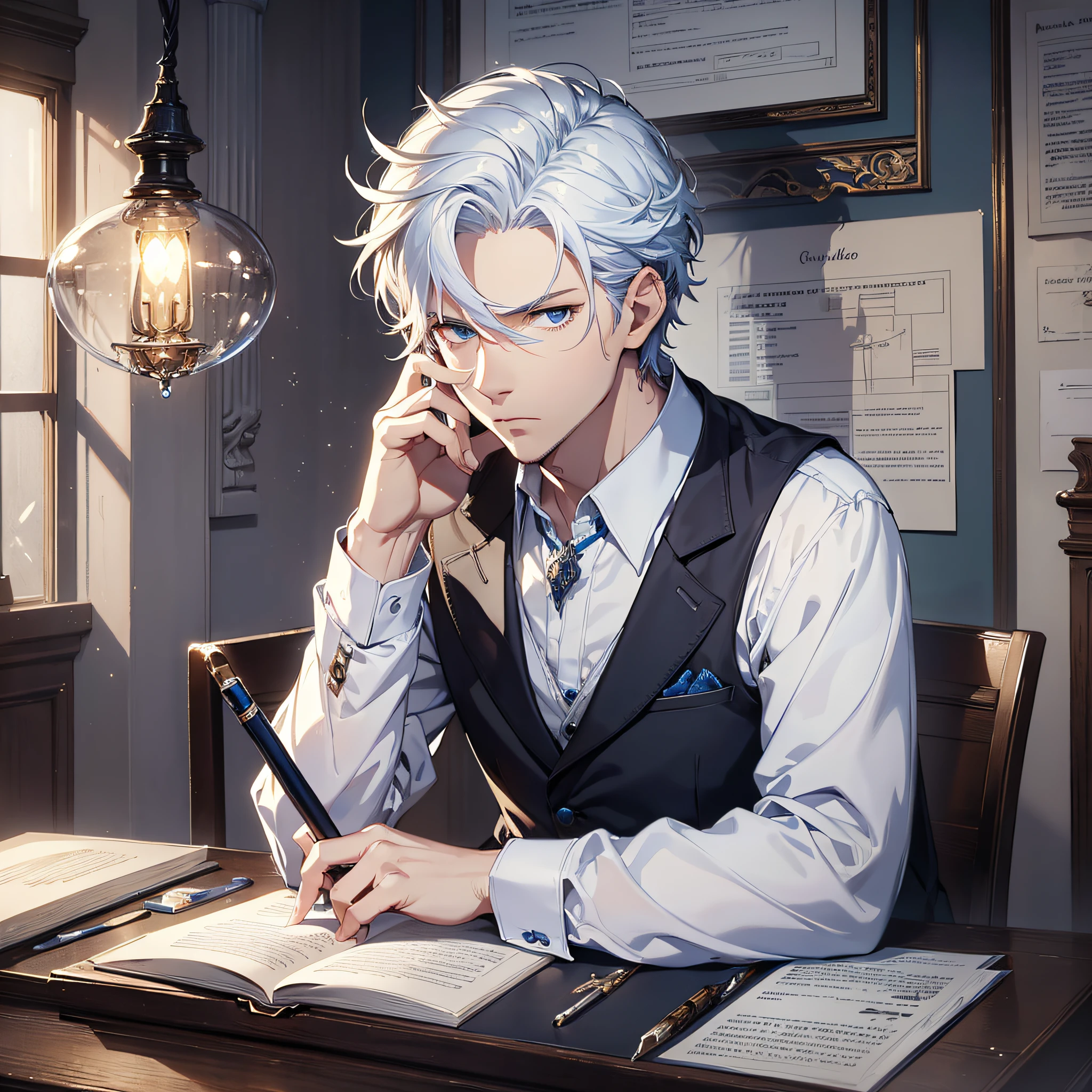 Handsome man, short white hair, blue eyes, writing, serious expression, (masterpiece:1.2), best quality, masterpiece, highres, original, extremely detailed wallpaper, perfect lighting, (extremely detailed CG:1.2),