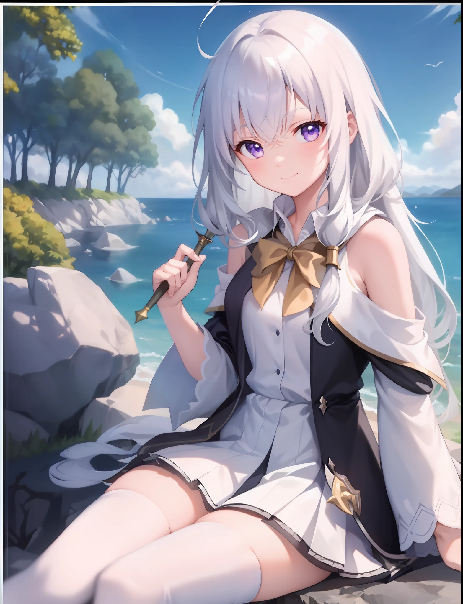 A girl sitting on a rock, from the witch journey, white-haired girl, perfect white-haired girl, high quality anime art style, clear and clear RPG portrait, anime moe art style, anime cover, white-haired god, behind the sea, trees, white knee-length socks, dull hair, purple eyes, white long hair, white shirt, black coat, bangs, looking at the audience, smiling, holding a staff, light blush, masterpiece, best quality, 1girl, elaina_ (majo_no_ tabitabi),