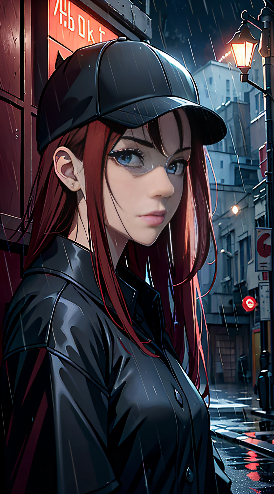 Girly, black baseball cap, dark red hair, blue eyes, time of rain, late night, alone, standing, city alley, deep shot, rich detail, geometric, structural, former Soviet Union, artistic lighting.