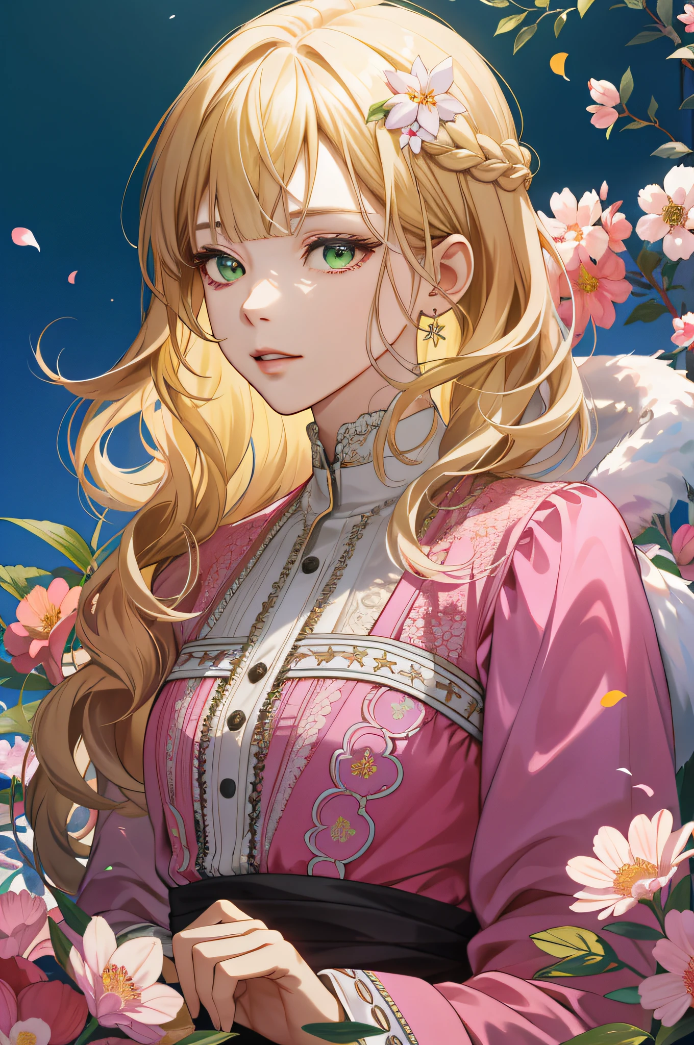 (absurdres, highres, ultra detailed), 1girl, mature female, wavy blonde hair, long hair, blunt bangs, green eyes, pink dress, finely detailed eyes and detailed face, extremely detailed CG unity 8k wallpaper, intricate details, BREAK , kaleidoscopic imagery, symmetrical patterns, vibrant colors, geometric shapes, mesmerizing designs, optical illusions, dynamic composition BREAK , pantomime art, expressive body language, silent storytelling, evocative gestures, visual narratives, theatrical performances BREAK , blooming flowers, colorful petals, fragrant scents, nature's bounty, vibrant gardens, peaceful scenery