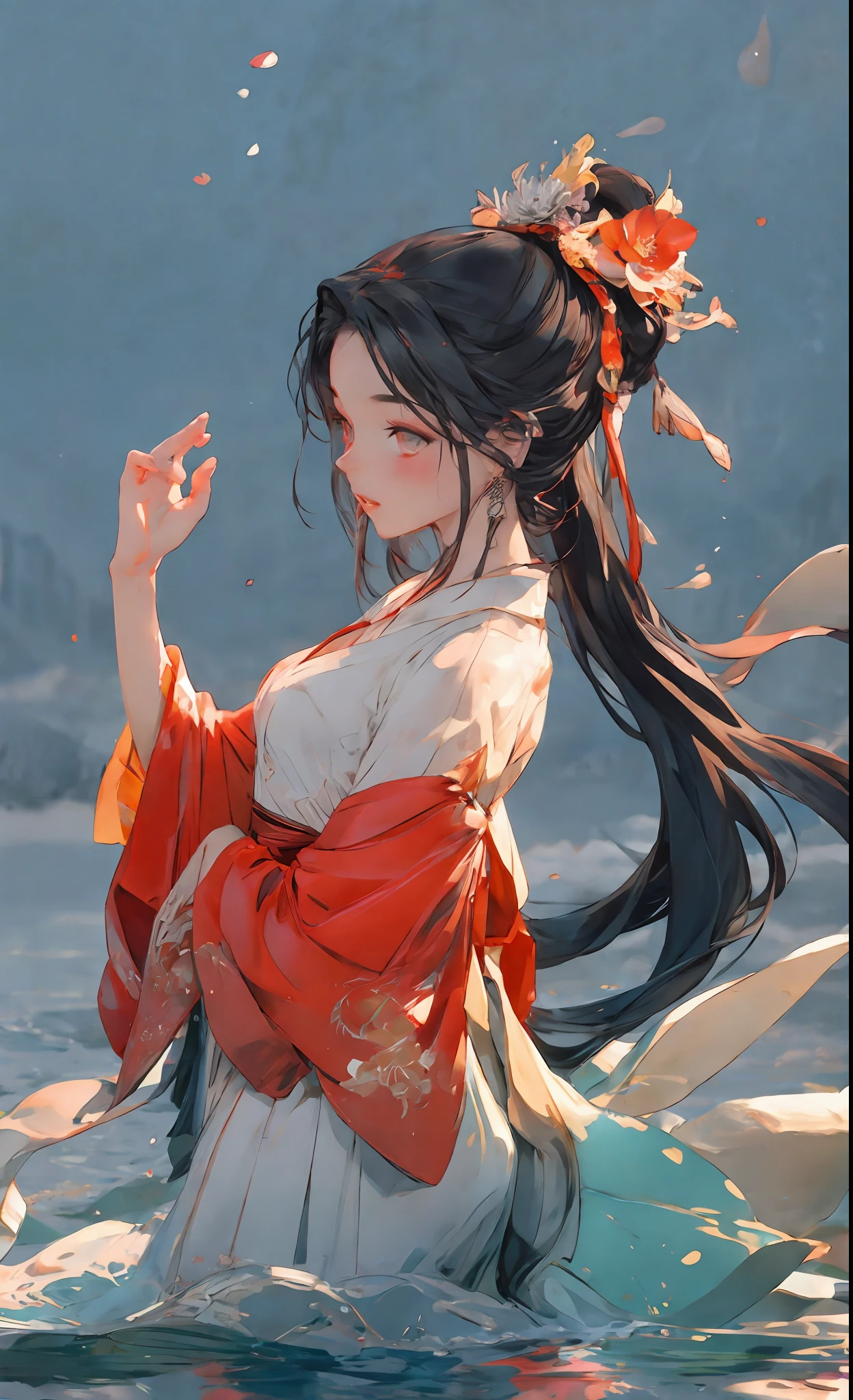 Cold facial features, high nose bridge, slender eyes, hanging eyes, adult female, thirty-year-old female, serious expression, cold, masterpiece, best quality, official art, 8k wallpaper, very detailed, a girl, ancient chinese clothing, full body, sunlight, clear face, clean white background, masterpiece, super detail, epic composition, ultra hd, high quality, extremely detailed, official art, uniform 8k wallpaper, super detail, 32k red pupils, an extremely delicate and beautiful girl, 8k wallpaper, Best quality, full body close-up, white long dress, luxurious silky bright red chiffon flood (illusion, glitter, ultra-thin, soft,) Hanfu illustration, 1 girl, sky blue hair, long hair, detailed eyes, Forrest Gump, bare shoulders, Hanfu, lake, pure, soft smile, bamboo, tea, high quality, masterpiece, masterpiece, exquisite facial features, delicate hair, delicate eyes, delicate colored hair, 4K picture quality, brilliant light and shadow, Tyndall effect, halo, messy hair, youthful state, gorgeous scene, exquisite clothes, chains , feathers, big eyes of ancient Chinese beauties very detailed, digital painting, artstation, concept art, clear focus, illustration, art by Greg Rutkowski and Alphonse Mucha and Victo ngai