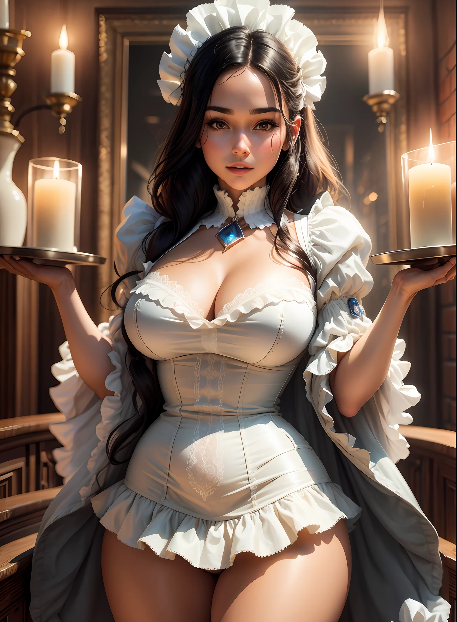 ((Top Quality: 1.4)), (Unparalleled Masterpiece), (Ultra High Definition), (Ultra Realistic 8k CG), (Head to Thigh Half Body Shot: 1.4), (High Definition Skin: 1.4), (Photorealistic: 1.4), (30-year-old maid), (Concept Art), Highly detailed maid costume, mini skirt with ruffles, stunningly beautiful, cinematic, happy, Inside an old western house, candle light, anisotropic filtering, depth of field, maximum clarity and sharpness, multi-layered texture, Octane rendering, two-tone lighting, 3D rendering, close to perfect, highly detailed beautiful hair, highly detailed hairstyle, 8 life-size, thicc body, perfect anatomy, symmetrical and balanced, beautiful gradient, Sharp focus, 4K resolution, golden ratio, center image, beautiful composition,