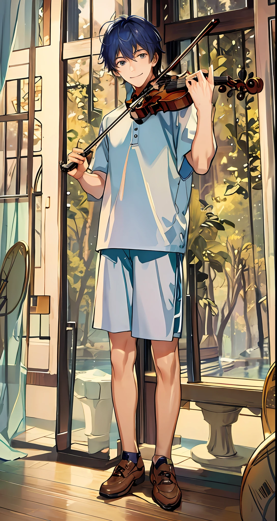 There is a young man standing in front of the window playing the violin, warmth, smile,