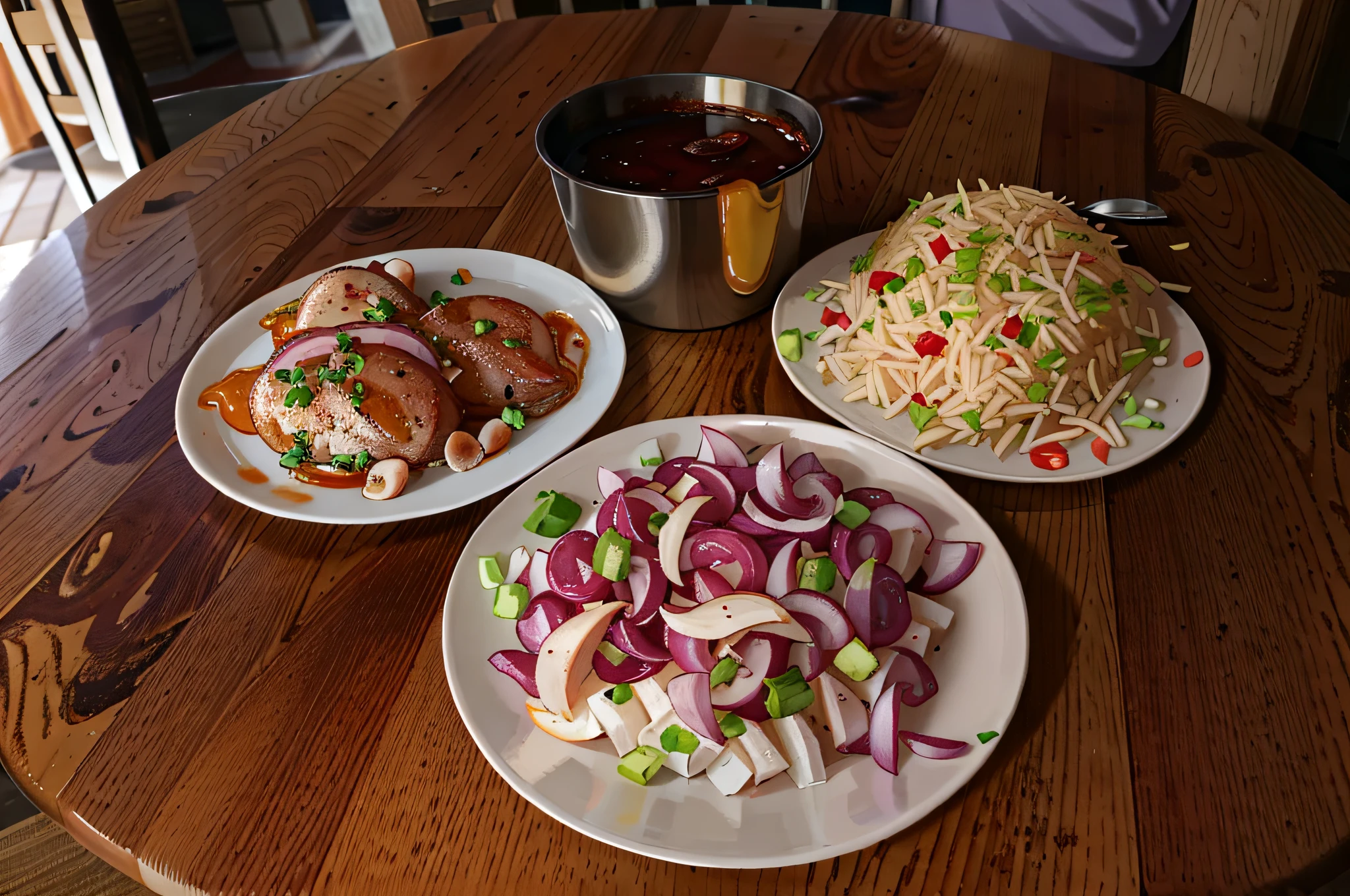 three plates of food on a table with a cup of sauce, yum, ingredients on the table, yummy, easy, chinese, stuffed, mixed, dish, ham, pork, base, recipe, version 3, surrounding onions, chicken, sichuan, mmmmm, cooked, heat, suki, homemade, extremely intricate, cuisine, stew, 3 4 5 3 1, wok