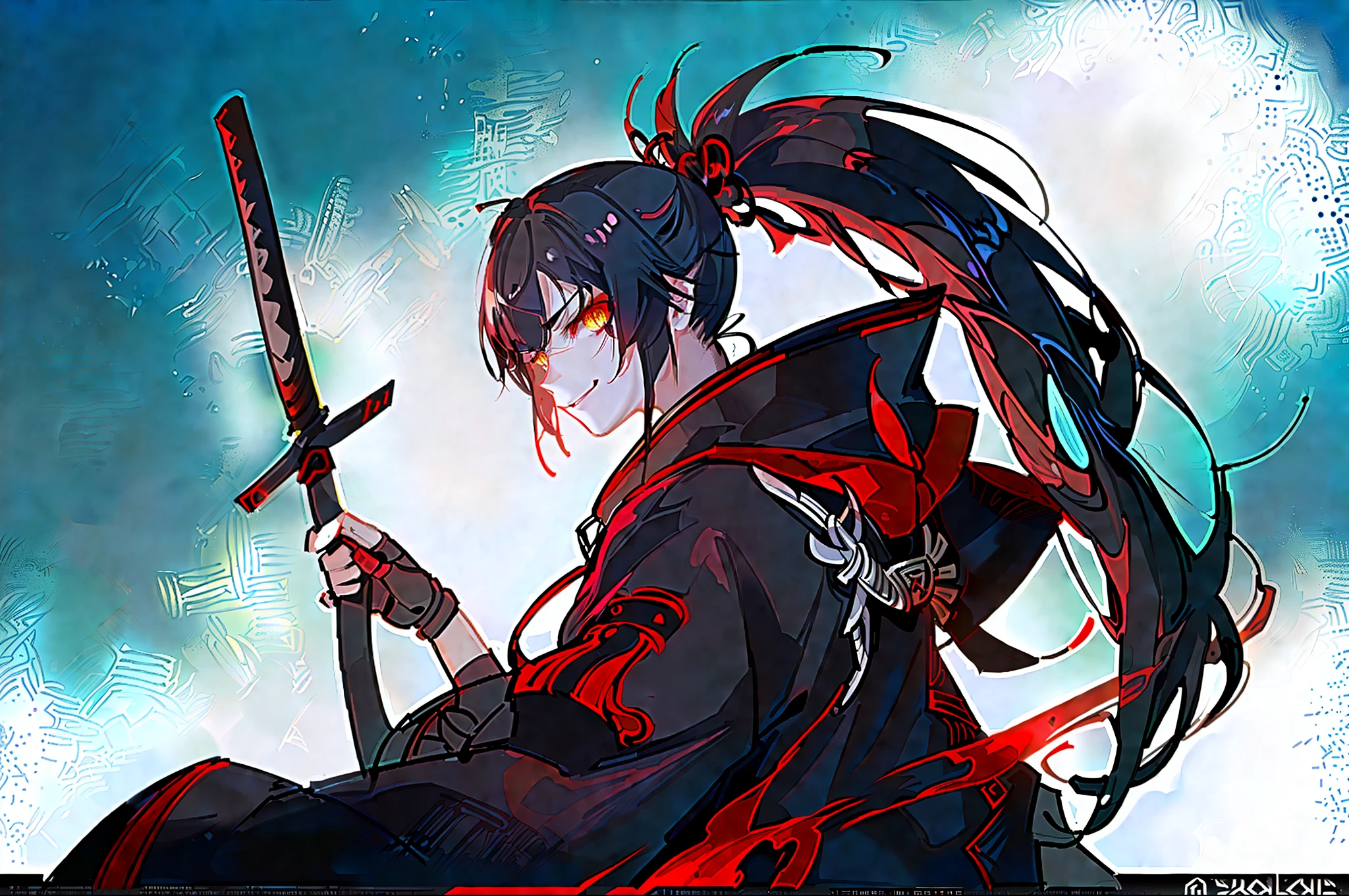 "(best quality), detailed and eerie background, cyborg girl,  Black and red cybernetic samurai armor, with Yokai and zombie-like features, black hair pulled back into a ponytail, holding a cybernetic sword, confident smile, fierce yellow eyes glaring out from the shadows."
