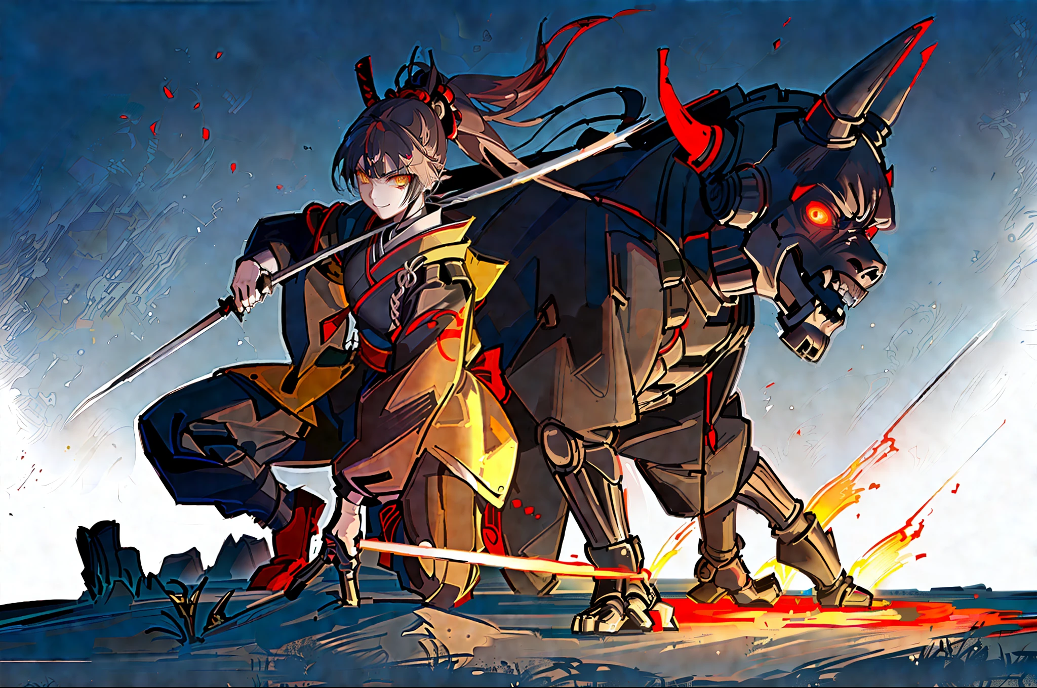 "(best quality), detailed and eerie background, cyborg girl, Black and red cybernetic samurai armor, with Yokai and zombie-like features, black hair pulled back into a ponytail, holding a cybernetic sword, confident smile, fierce yellow eyes glaring out from the shadows."