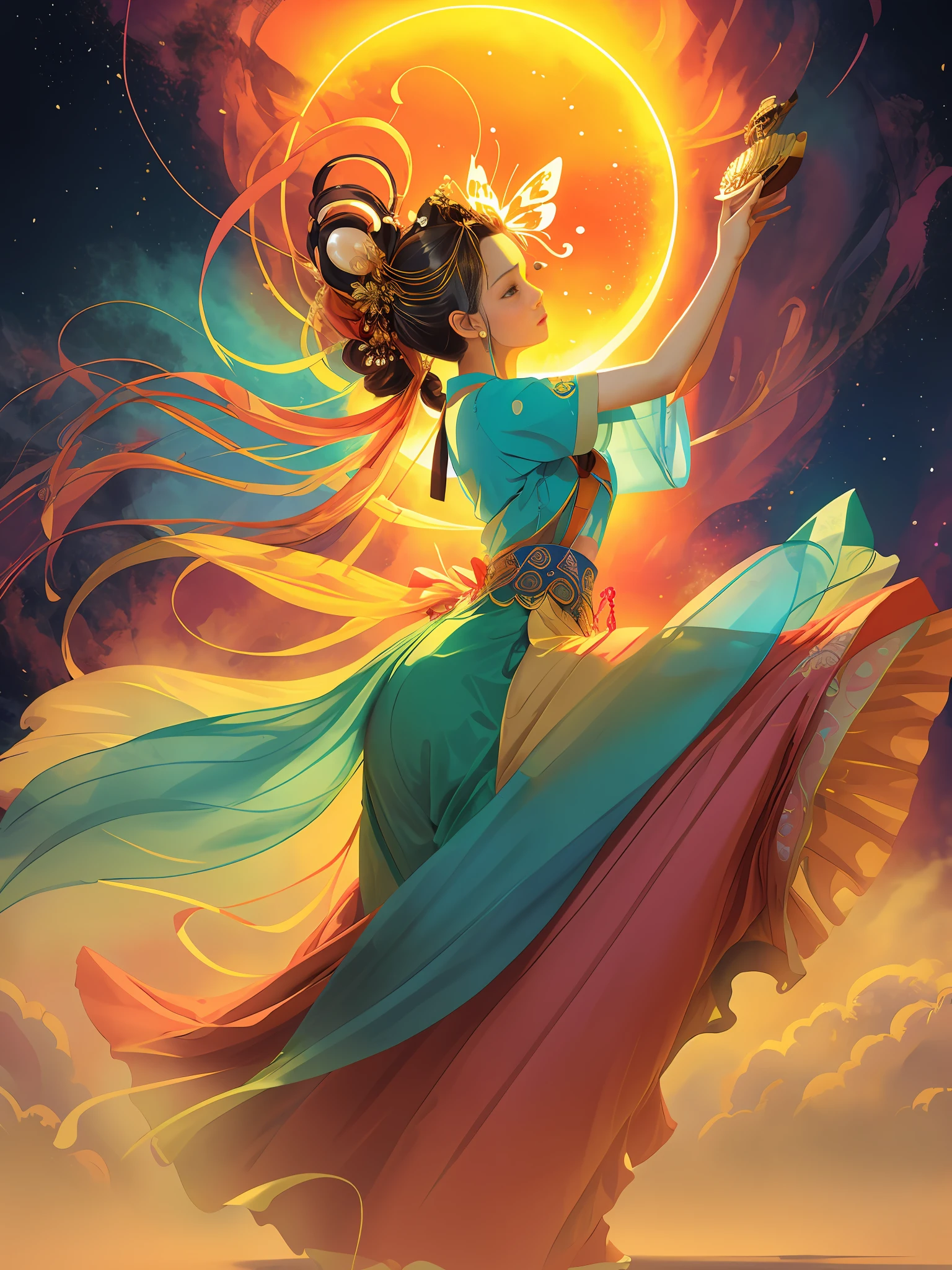 absurd, tall, super detailed, 1 girl, solo, dunhuang, gorgeous, dance, flying, chinese style, dance sleeves, (colorful clouds, colorful halos: 1.3), (forehead markings, hair flowers, hair accessories, jewelry, hair clips, hair rings, tiara, long hair, earrings, (colored long skirt: 1.2), cuffs), fluttering, clear facial features, delicate face, super detailed eyes, flowers, colored eyes, multi-colored hair, portrait (master works: 1.2, best quality), super fine, Ultra-accurate presentation (dynamic pose), color (top to bottom: 1.2), natural light, strong light, sky background, butterfly, Chinese clothing, face markers, hanfu, handheld musical instrument, pipa, long hair, looking at the audience, parted lips, faint smile, solo, bright colors, official art, unified 8k wallpaper, super detailed, beautiful beauty, masterpiece, best quality, (zandeji, mandala, tangles, tangles), extremely detailed, dynamic angles, the most beautiful chaotic forms, elegant, brutalist design, Bright colors, romanticism, atmosphere, ecstatic notes, visible flowing notes, 5 fingers, illusory background, flying ribbon, beautiful sky, bright moon, flying sleeves,