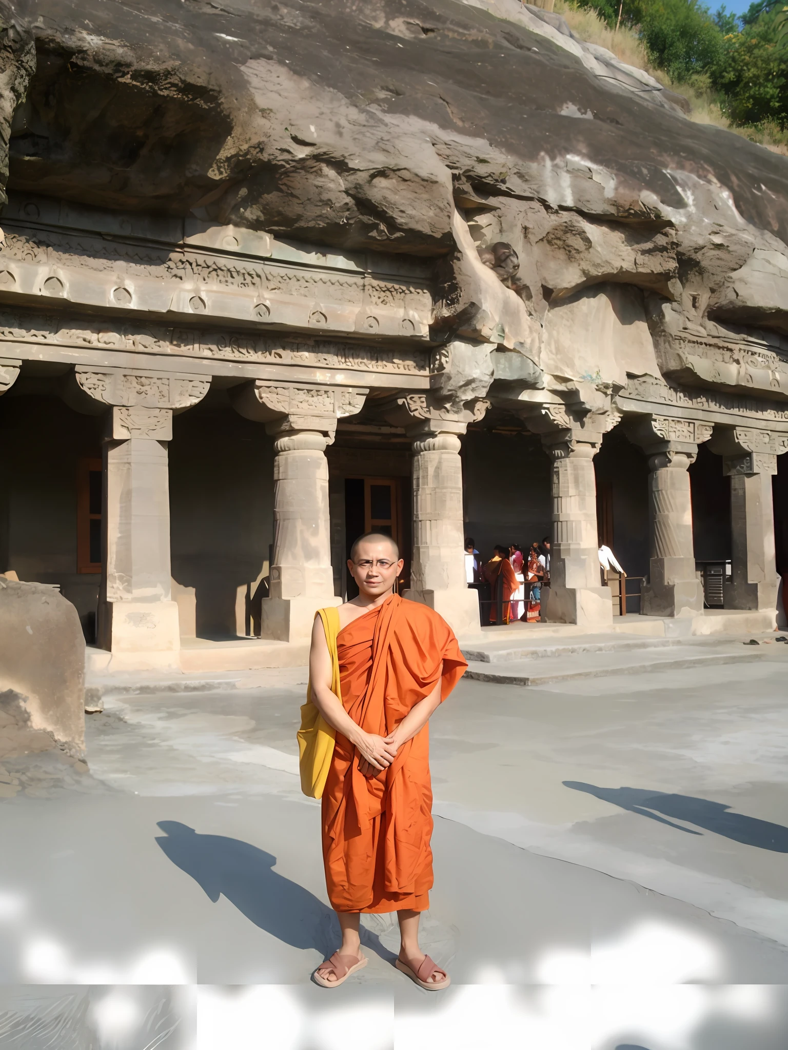 Ashin Tiloka Nyana, a Buddhist monk standing in front of Arganta Cave, wearing Theravada yellow robe, hanging transitional beg on his right shoulder ,