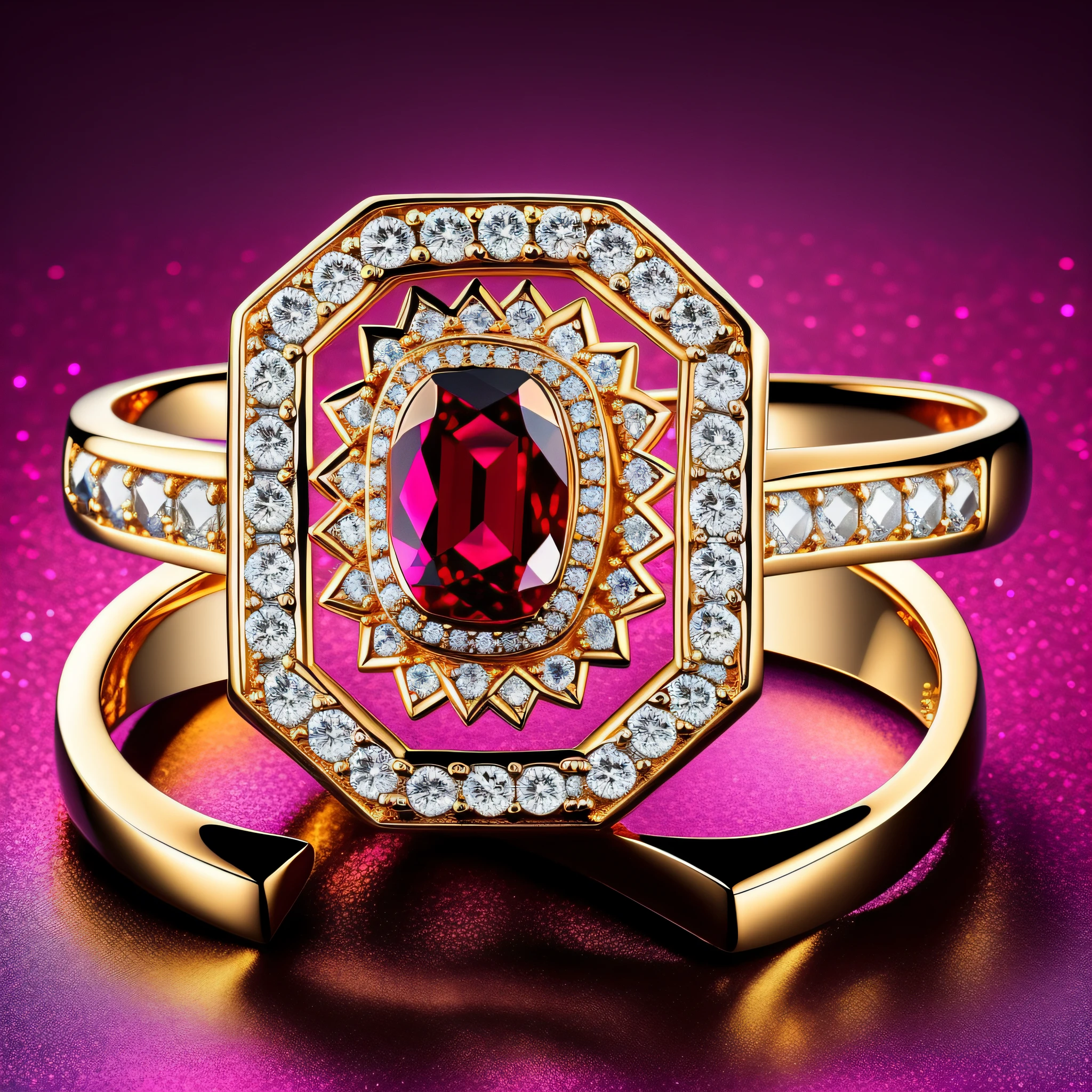 (SUPER DETAILED),LUXURY CHIC RED GOLD PRECIOUS RING WITH ONE BIG RED DIAMOND,THE DIAMOND SETTING HAS A BEAUTIFUL AND INTRICATE PATTERN,THE DIAMOND SPARKLES AND SHIMMERS IN THE LIGHT REFLECTING BEAUTIFUL MULTI-COLOURED HIGHLIGHTS,THE BACKGROUND IS BLACK,THE RING LIES ON BLACK VELVET,ULTRA SHARP DETAILS,ULTRA CLEAR,PHOTO STYLE IGOR SAKHAROV