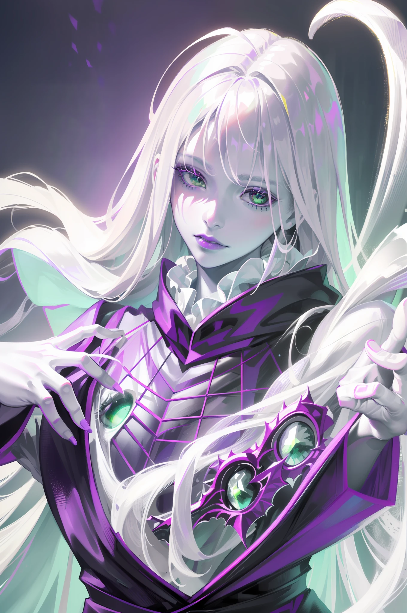 (masterpiece, sidelighting, finely detailed beautiful eyes: 1.2), 3d face, realistic, perfect face, ((Color palette: white and purple, toxic green details, grey)), upper body, ghost costume, hood, see through ghost, night, midnight, at a creepy dark school afterhours