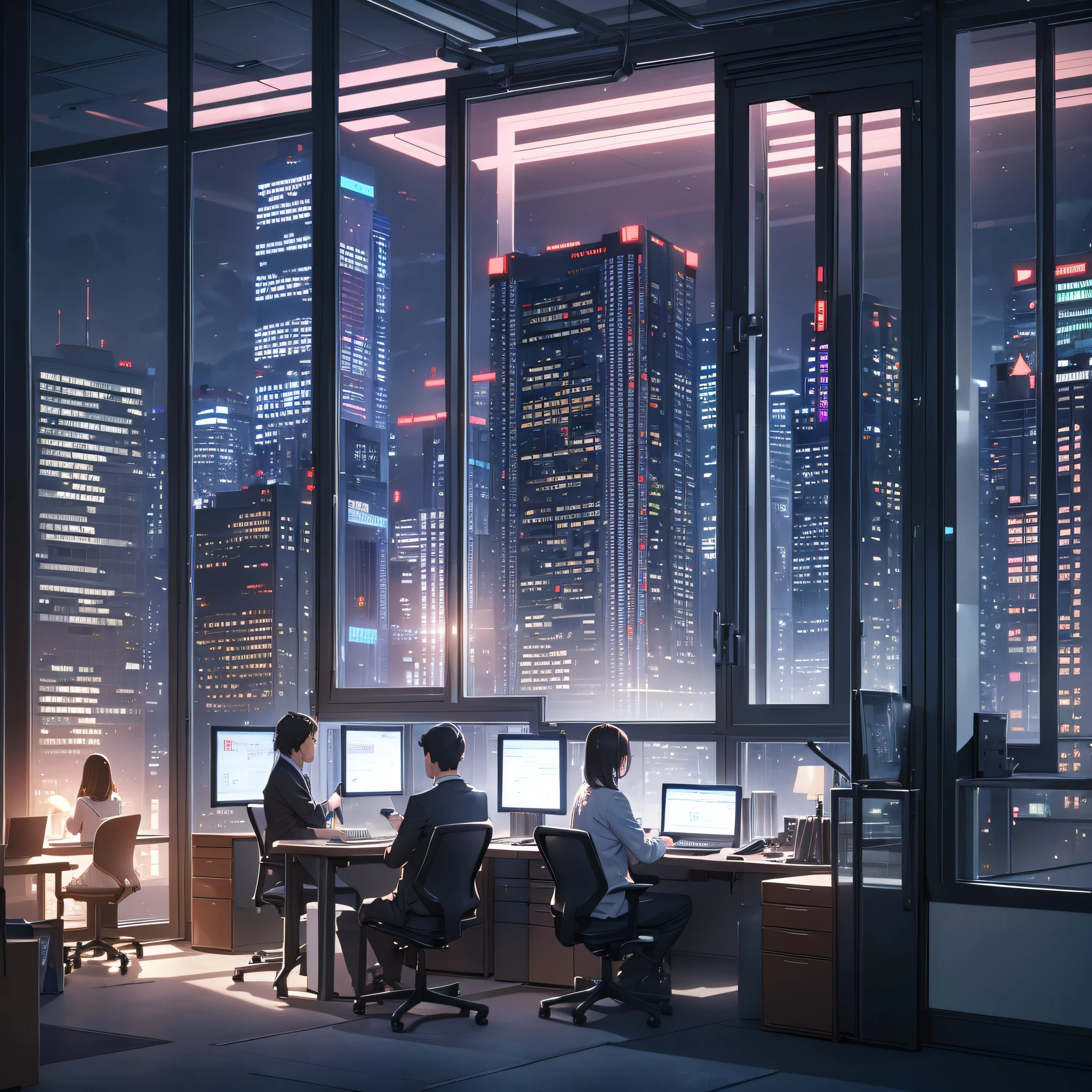 3 people, work, office building, computer, night, (masterpiece:1.2), best quality, masterpiece, highres, original, extremely detailed wallpaper, perfect lighting, (extremely detailed CG:1.2),