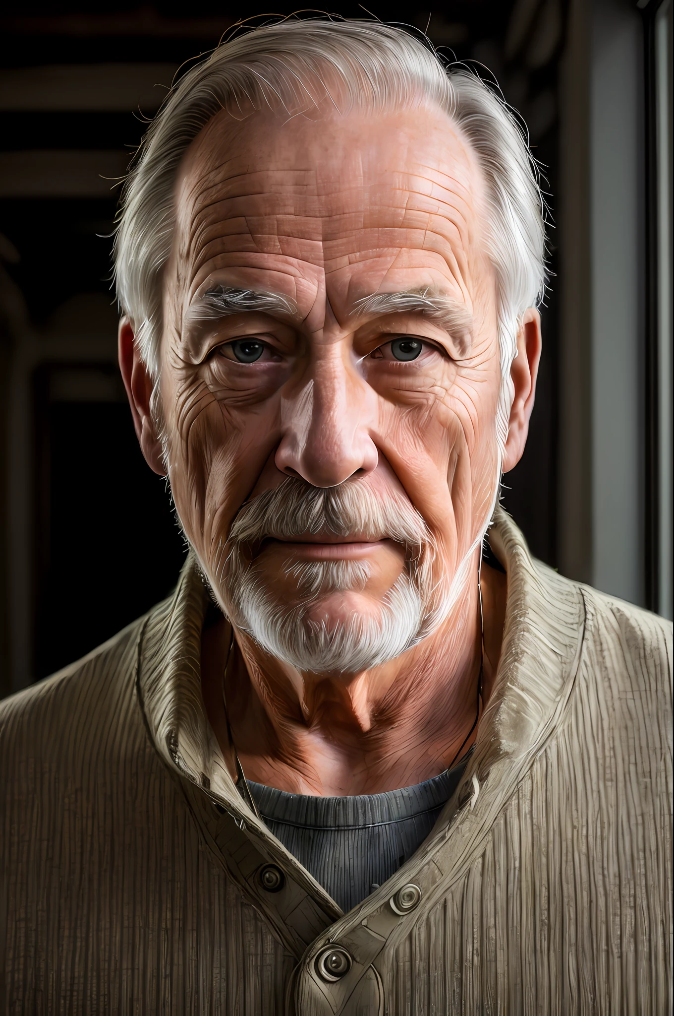 (masterpiece, photorealistic, raw,:1.4), (extremely intricate:1.2), close up, cinematic light, sidelighting, ultra high res, best shadow, RAW, upper body, old man, wearing pullover,