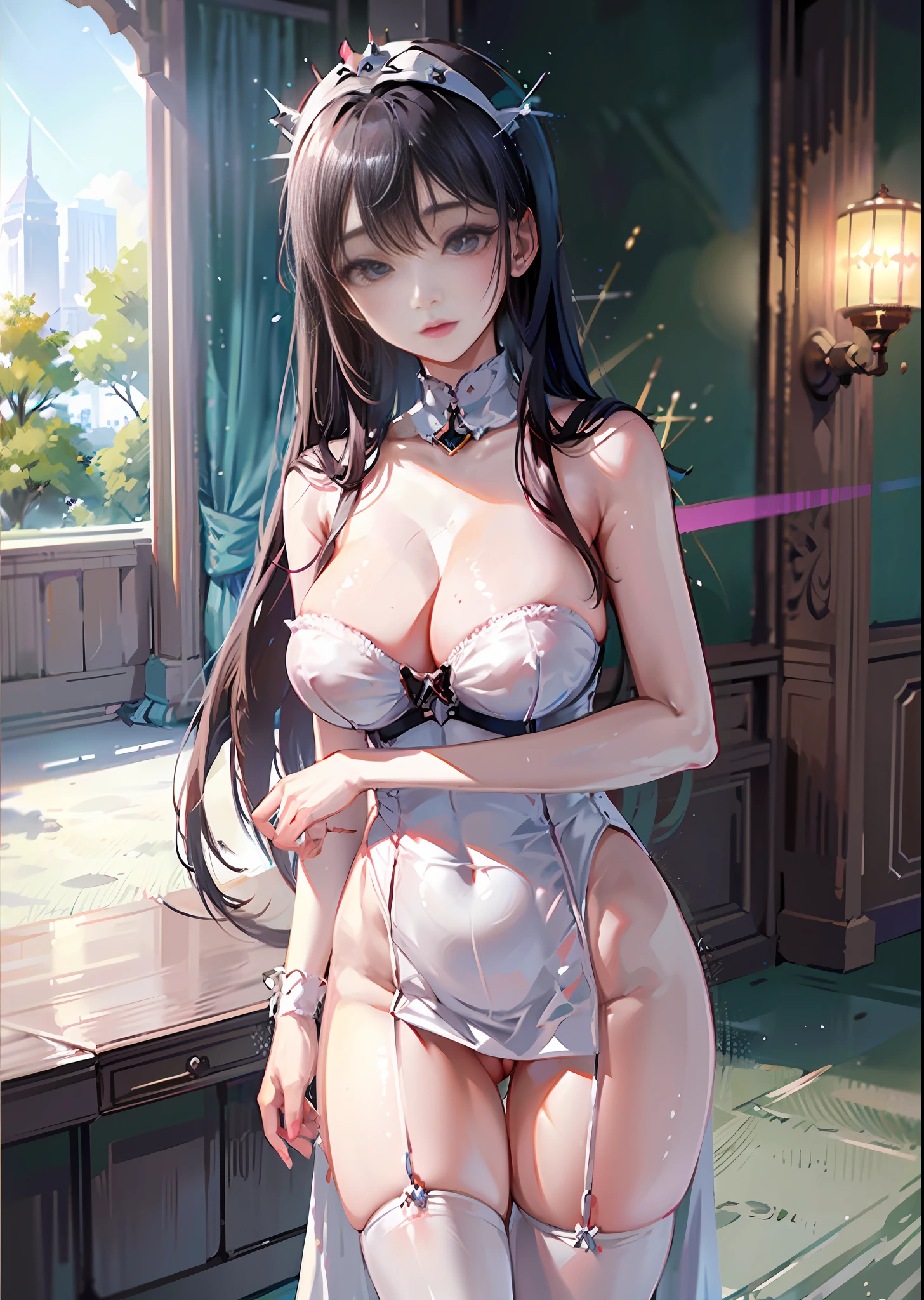 Breasts larger than torso, huge breasts, crazy swollen breasts, beautiful young nun princess, white nun habit, tight black nun robe with buttons, button gap, Robin Wright, bright colors of the right wing in the background, detailed face, very delicate skin, thick chubby body, (oppai:1.9) breast size, chest shot upward, black burlap nun long skirt, billowing skirt, an 18-year-old nun seduced by the devil, bright bright colors, concerned facial expressions, Messy bright blonde hair, (realistic: 1.5), sunken skin. octane rendering, (unparalleled masterpiece, ultra-realistic 8k CG, dramatic, ray tracing, HDR:1.2), (best quality), fantastical, atmospheric, extremely detailed, intricate, ultra-detailed, harsh lighting, (specular illumination: 1.4), (realistic face: 1.2), (skin dents: 1.3), (1 girl: 1.4)