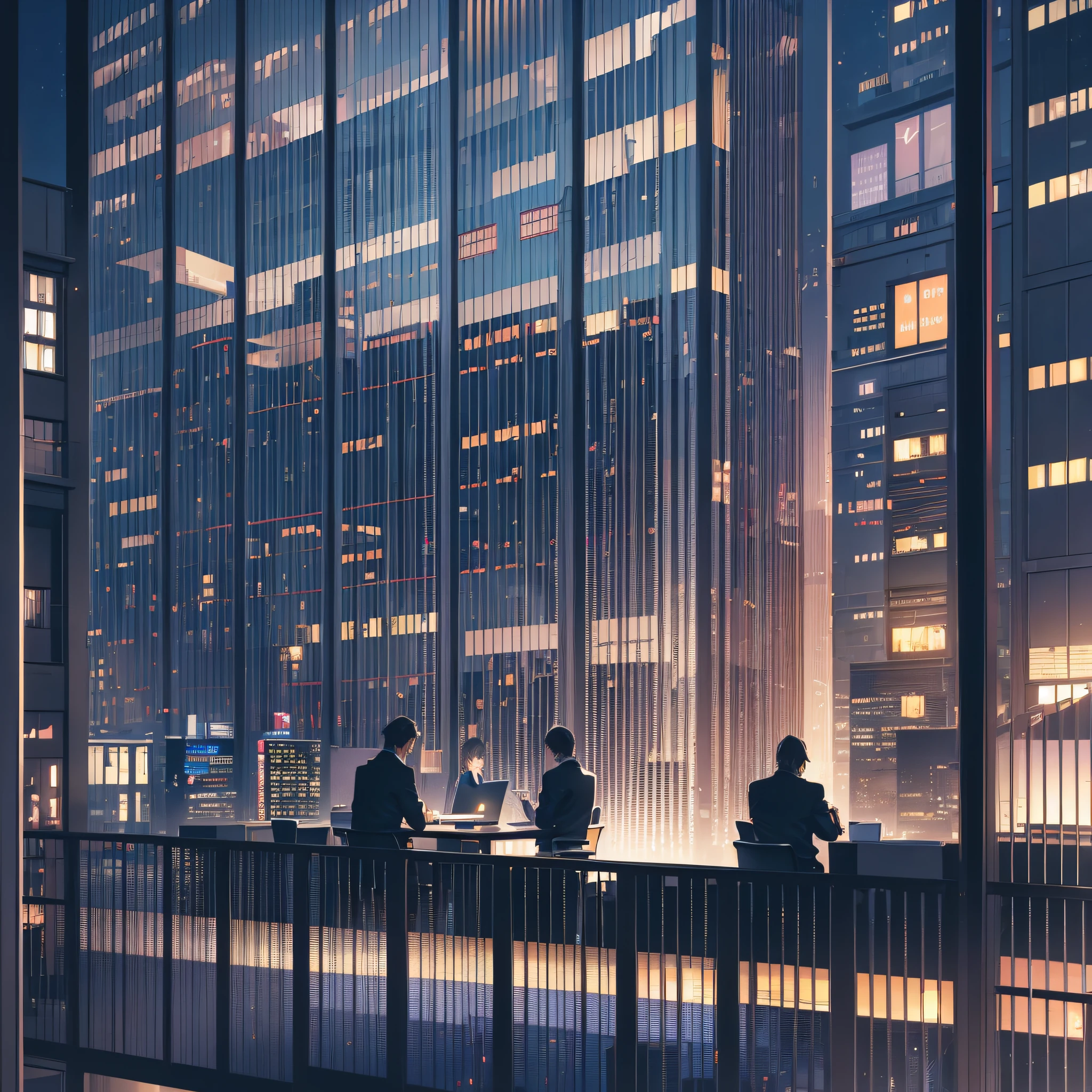 3 people, work, office building, computer, night, (masterpiece:1.2), best quality, masterpiece, highres, original, extremely detailed wallpaper, perfect lighting, (extremely detailed CG:1.2),
