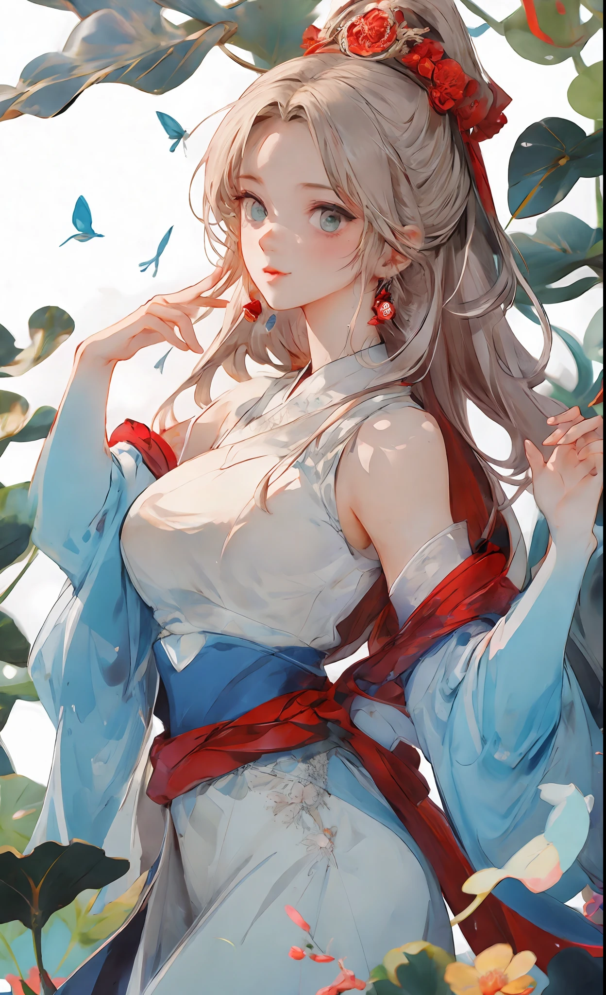Cold facial features, high nose bridge, slender eyes, hanging eyes, adult female, thirty-year-old female, serious expression, cold, masterpiece, best quality, official art, 8k wallpaper, very detailed, a girl, ancient chinese clothing, full body, sunlight, clear face, clean white background, masterpiece, super detail, epic composition, ultra hd, high quality, extremely detailed, official art, uniform 8k wallpaper, super detail, 32k red pupils, an extremely delicate and beautiful girl, 8k wallpaper, Best quality, full body close-up, white long dress, luxurious silky bright red chiffon flood (illusion, glitter, ultra-thin, soft,) Hanfu illustration, 1 girl, sky blue hair, long hair, detailed eyes, Forrest Gump, bare shoulders, Hanfu, lake, pure, soft smile, bamboo, tea, high quality, masterpiece, masterpiece, exquisite facial features, delicate hair, delicate eyes, delicate colored hair, 4K picture quality, brilliant light and shadow, Tyndall effect, halo, messy hair, youthful state, gorgeous scene, exquisite clothes, chains , feathers, big eyes of ancient Chinese beauties very detailed, digital painting, artstation, concept art, clear focus, illustration, art by Greg Rutkowski and Alphonse Mucha and Victo ngai