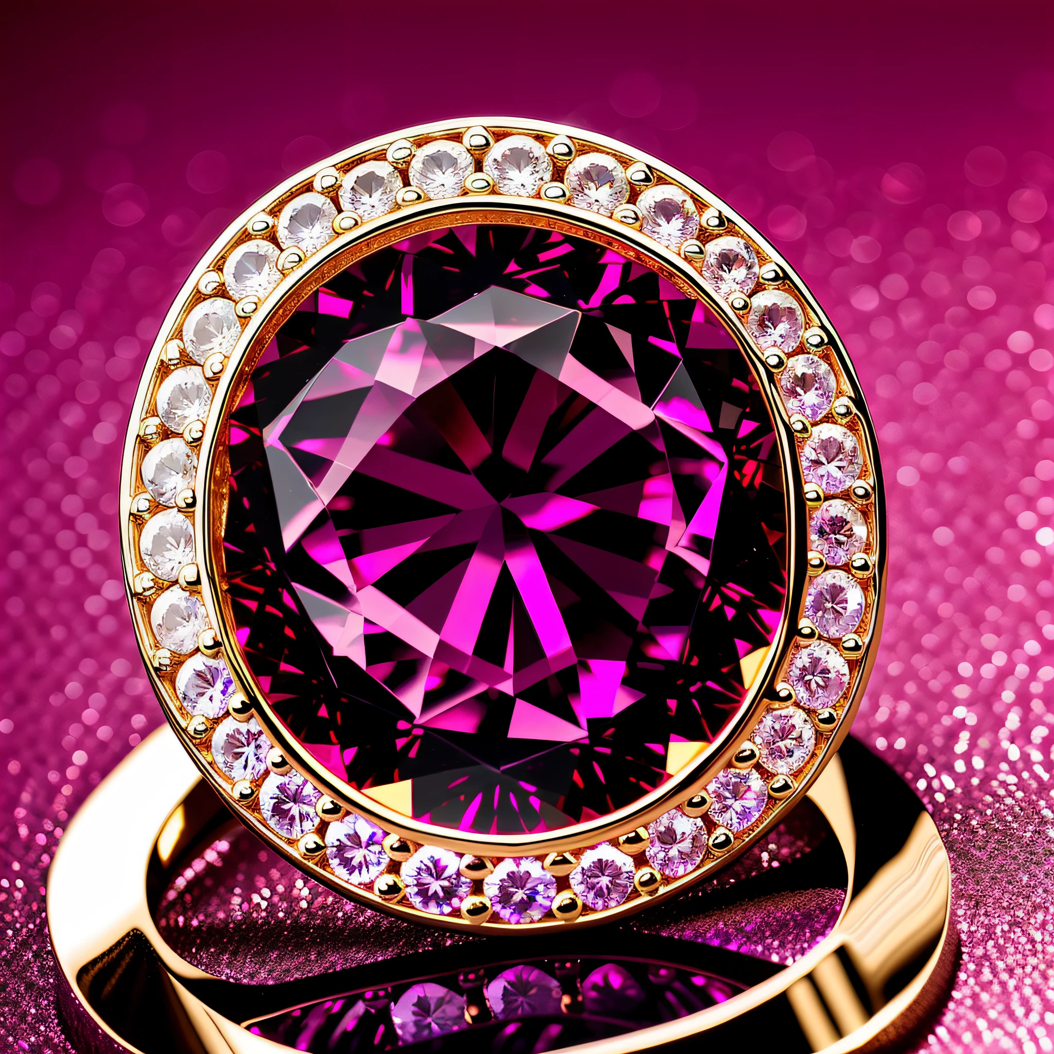 (SUPER DETAILED),LUXURY CHIC RED GOLD PRECIOUS RING WITH ONE BIG RED DIAMOND,THE DIAMOND SETTING HAS A BEAUTIFUL AND INTRICATE PATTERN,THE DIAMOND SPARKLES AND SHIMMERS IN THE LIGHT REFLECTING BEAUTIFUL MULTI-COLOURED HIGHLIGHTS,THE BACKGROUND IS BLACK,THE RING LIES ON BLACK VELVET,ULTRA SHARP DETAILS,ULTRA CLEAR,PHOTO STYLE IGOR SAKHAROV