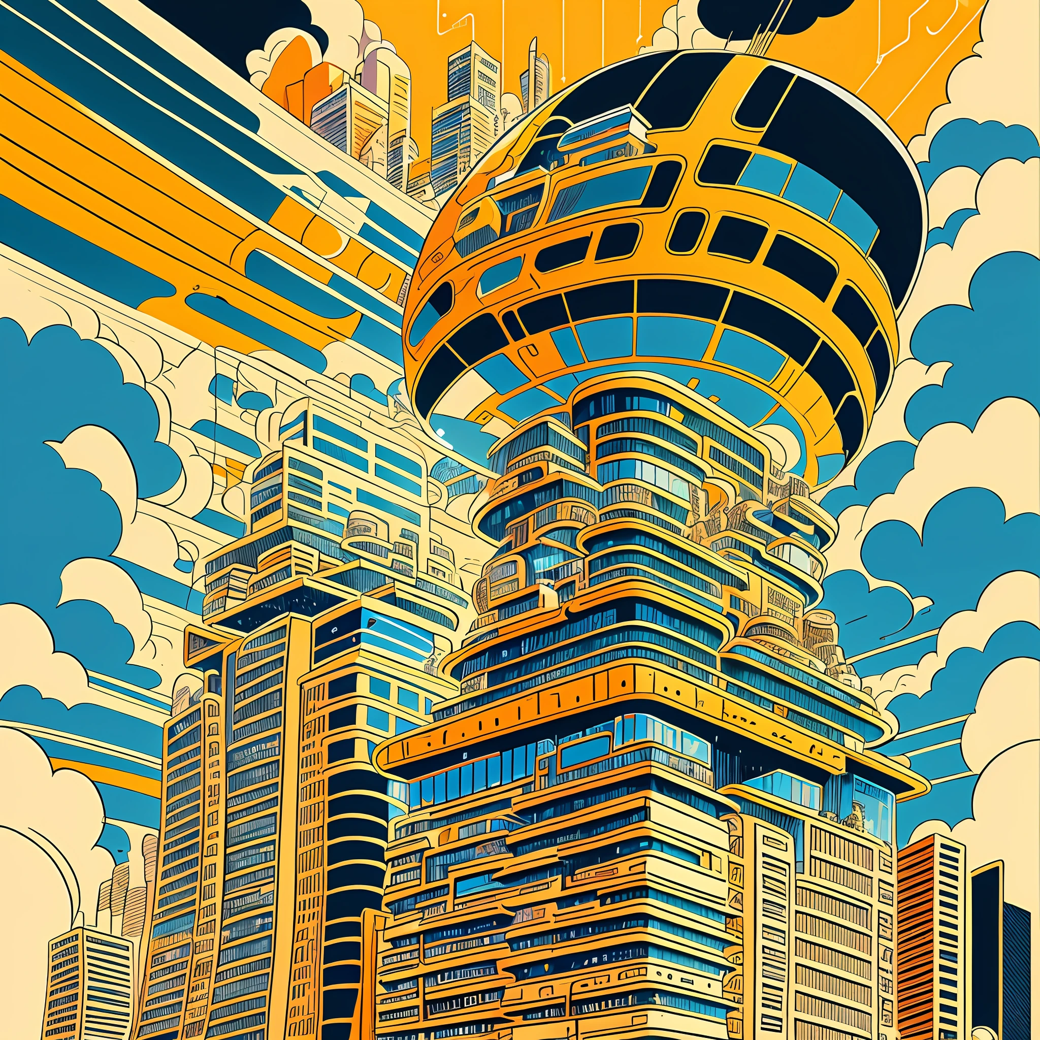 Bizarre architectural illustration on city center surfboard, Akira Toriyama style, Headquarters artwork, Akira Toriyama, Eiichiro Oda's style, large swath of cloud surrounding, lightning, vector line - art style, in a cluttered laboratory, animation illustration style, stylized lines, cover illustration, digital illustration style, lo-fi illustration style --auto --s2