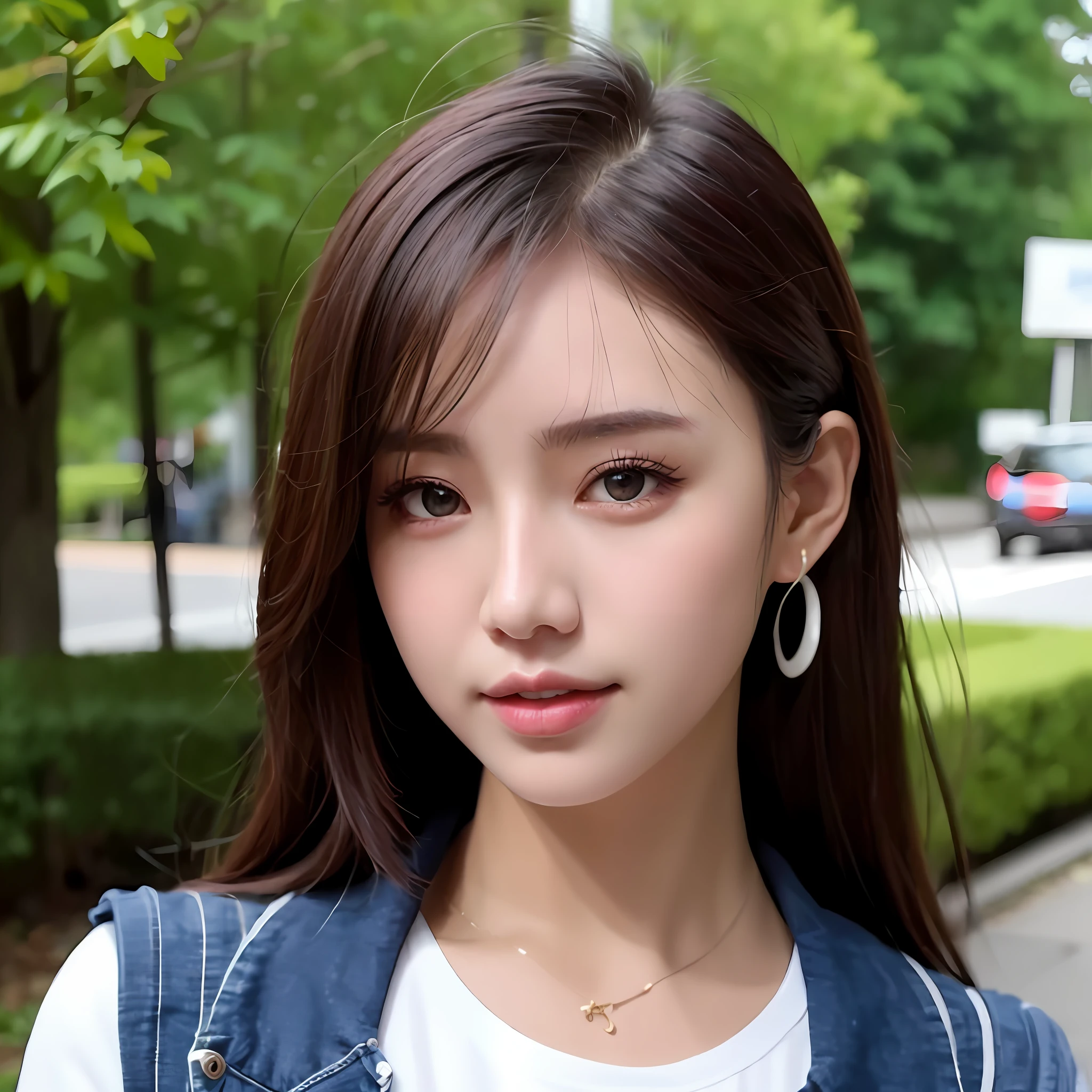 (女神般的幸福:1.2), Kpop idol, Koean mix, (RAW photo:1.2), (photorealistic:1.4), (masterpiece:1.3), (精致的细节:1.2), 精致, 美丽的细节, (细节的眼睛) , (五官细节), （微笑)，((校服内搭t恤:1.5)), 高女, 娇小, 小胸, 细腰, 紧身, (looking_at_viewer), from_front, 大圆耳环, slim_legs, (skinny), ( best quality:1.4), (ultra highres:1.2), cinema light, outdoors, (extreme detailed illustration), (唇彩，睫毛，best quality, ultra highres, depth of field, caustics, Broad lighting, natural shading, 85mm, f /1.4, ISO 200, 1/160s:0.75),