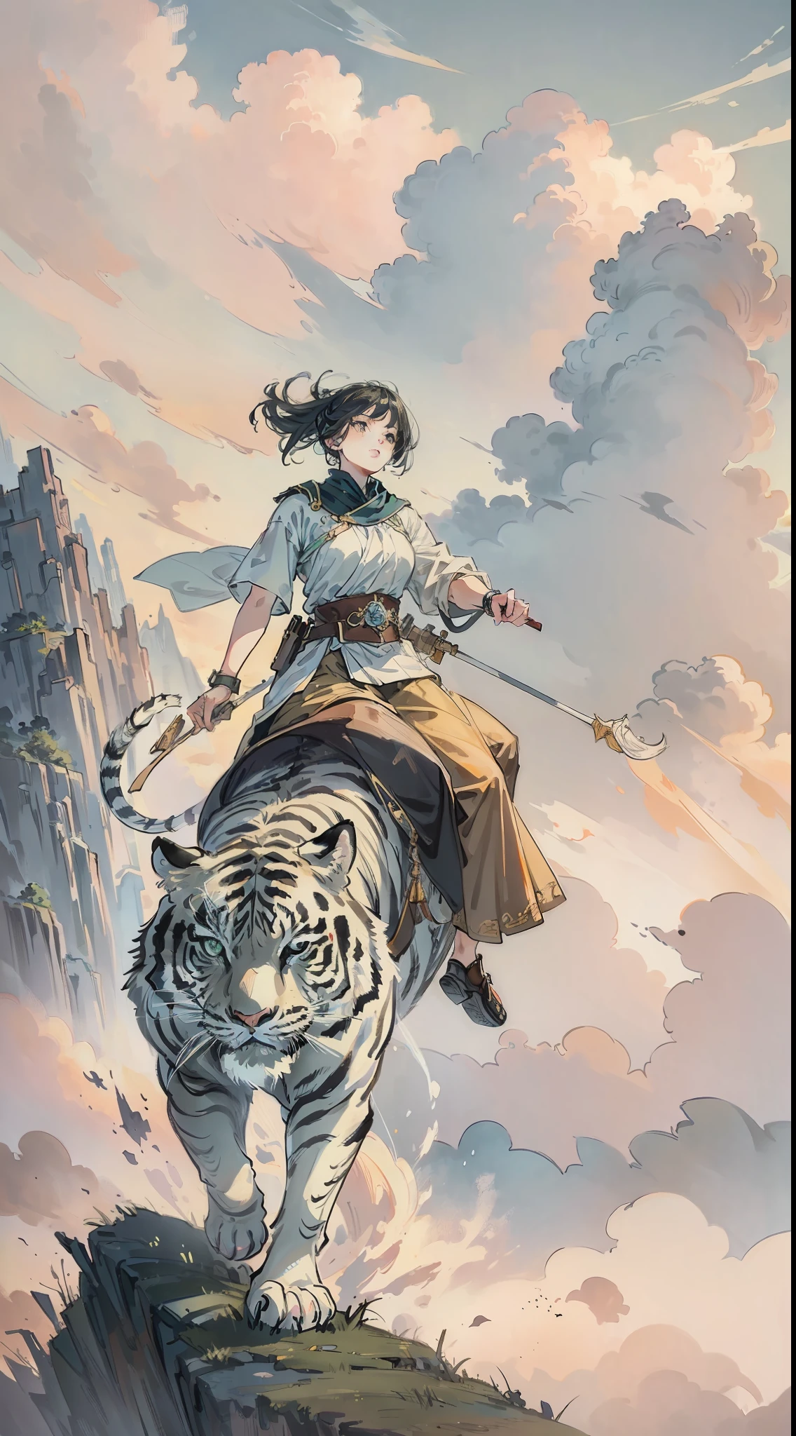 A beautiful woman riding a white tiger, (RAW photo, best quality), (realistic, photo realistic: 1.3), extremely refined and beautiful, amazing, fine detail, masterpiece, hyper detail, high resolution, (best illustration), (best shadow), intricate, clouds, mountains, storm, sunset, (from below: 1.4), sharp focus, volumetric fog, 8k ultra hd, DSLR, high quality, (film grain: 1.4), Fujifilm XT3,