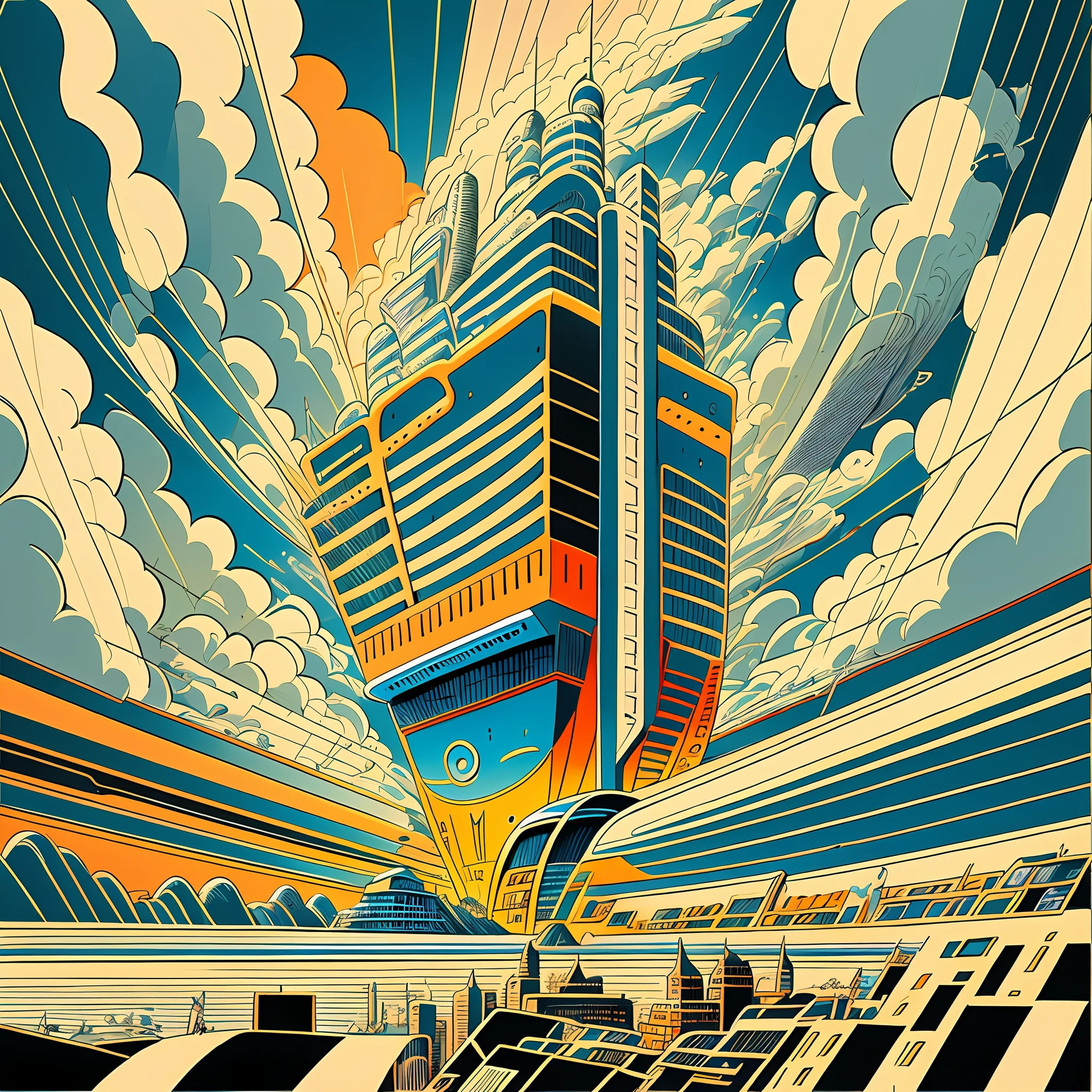 Bizarre architectural illustration on city center surfboard, Akira Toriyama style, Headquarters artwork, Akira Toriyama, Eiichiro Oda's style, large swath of cloud surrounding, lightning, vector line - art style, in a cluttered laboratory, animation illustration style, stylized lines, cover illustration, digital illustration style, lo-fi illustration style --auto --s2