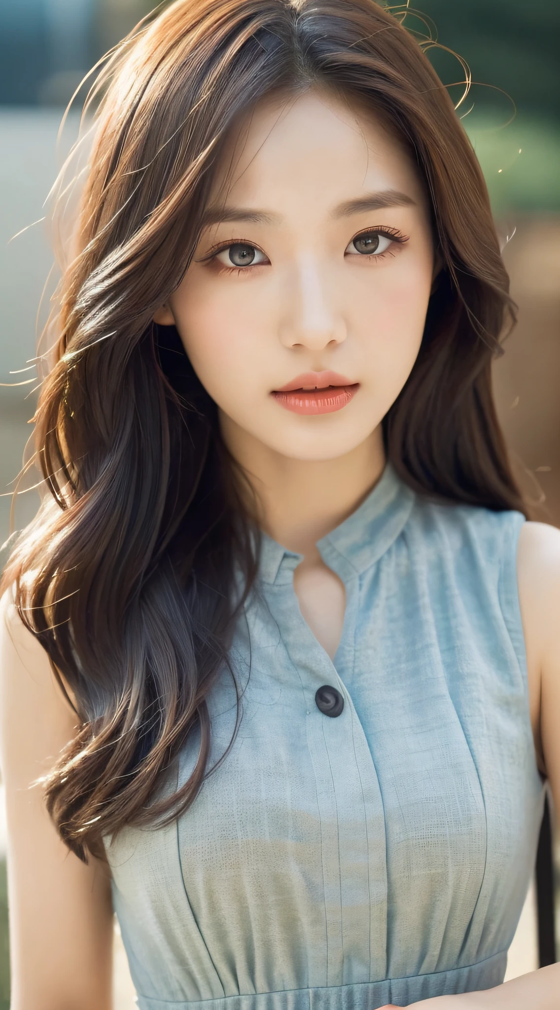 Woman in fluent modal dress, high image quality, has a woman, upper body, long hair, fine skin texture and cloth texture, detailed eyes, long eyelashes, double eyelids, portrait photography