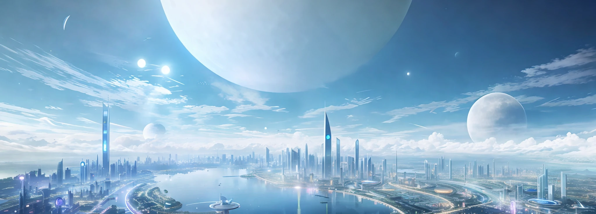 futuristic city with a lake and a giant moon in the sky, vista of futuristic city, beautiful city of the future, planetary city, photo of futuristic cityscape, otherwordly futuristic city, futuristic city in background, futuristic utopian city, futuristic city scape, city of the future, futuristic city background, science fiction city, futuristic city backdrop, futuristic city