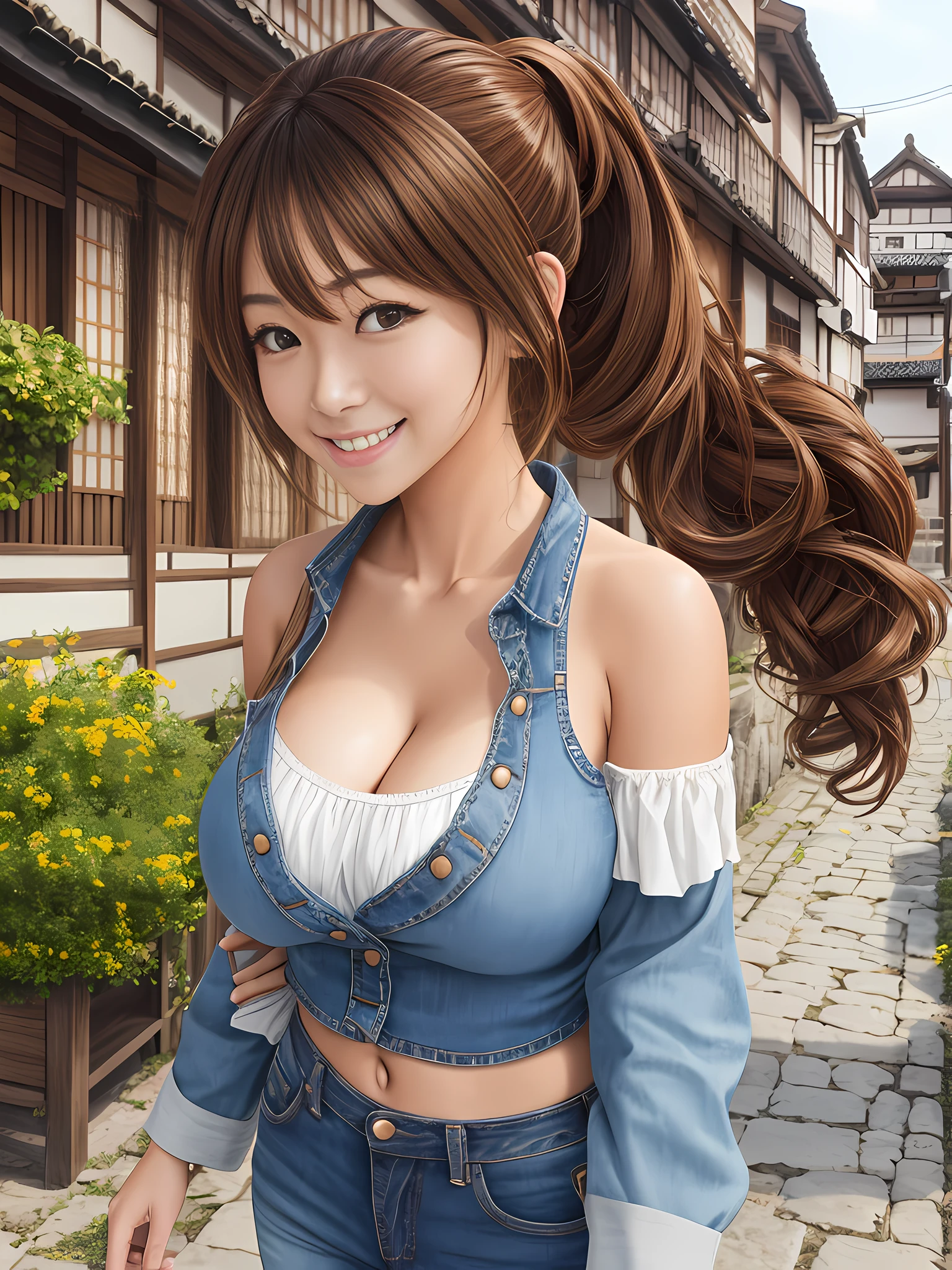 mely detailed CG unity 8k wallpaper), absurdres, 1 girl,21 yo, japanese girl, beautiful face, huge breasts, brown medium hair, high ponytail, smile, delighted, cheerful, outdoor, old town, scenery, distressed jeans, off-the-shoulder top, High-definition,