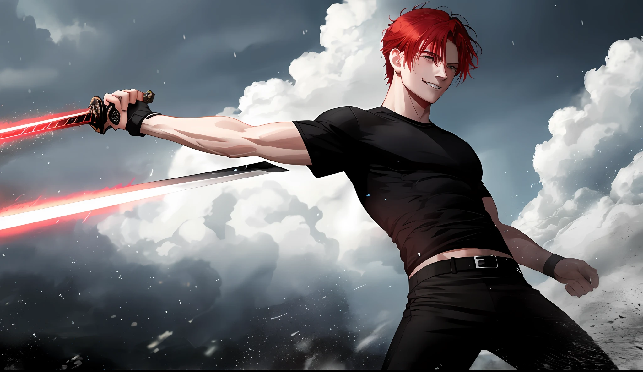 A young boy with white skin, short red hair, anime hair, hair up, straight hair, red hair hair, wavy hair, slin body, fitness body, strong body, raining, clouds, psychopath look, smiling psychopathic way om, black clothes (black shirt and black pants),psychopath look, fighting, with a sword in hand, powers, lighting, Realistic lighting, Radiosity, particle rain, Realistic particles, Close UP.