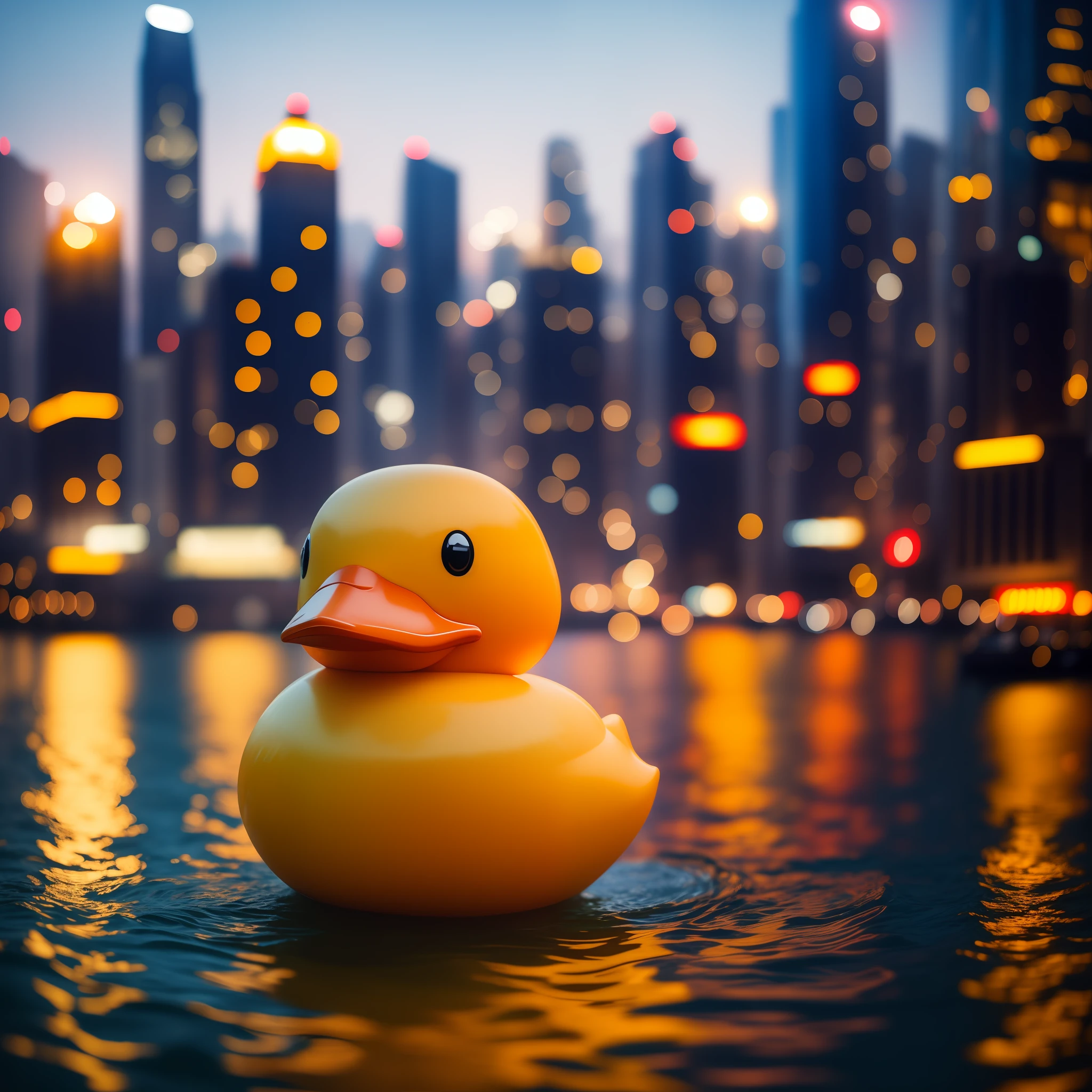 (masterpiece), 8k wallpaper, best quality, ultra realistic, big cutie rubber duck in Hong Kong Victoria Harbour, film, surrealism, soft light, deep field focus bokeh, ray tracing, diffuse (ultrafine glass reflections) and surrealism. --v6