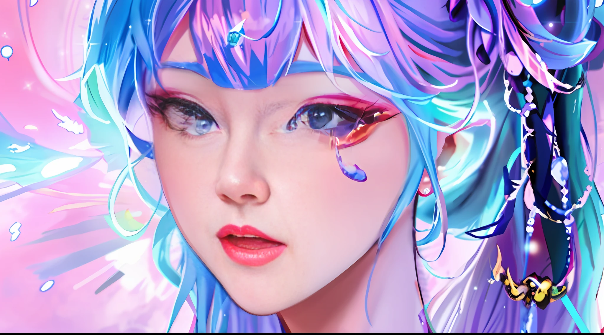 Anime girl with blue hair and purple eyes with stars, Anime style digital art, Detailed digital anime art, Fantasy art style, Digital anime art, Advanced digital anime art, Anime digital art, Rossdraws soft vitality, Advanced anime digital art, Anime style digital art, Anime fantasy illustration, Anime style 3d, Anime style 4 k, Anime fantasy artwork, Vista, Full body, Background ocean.