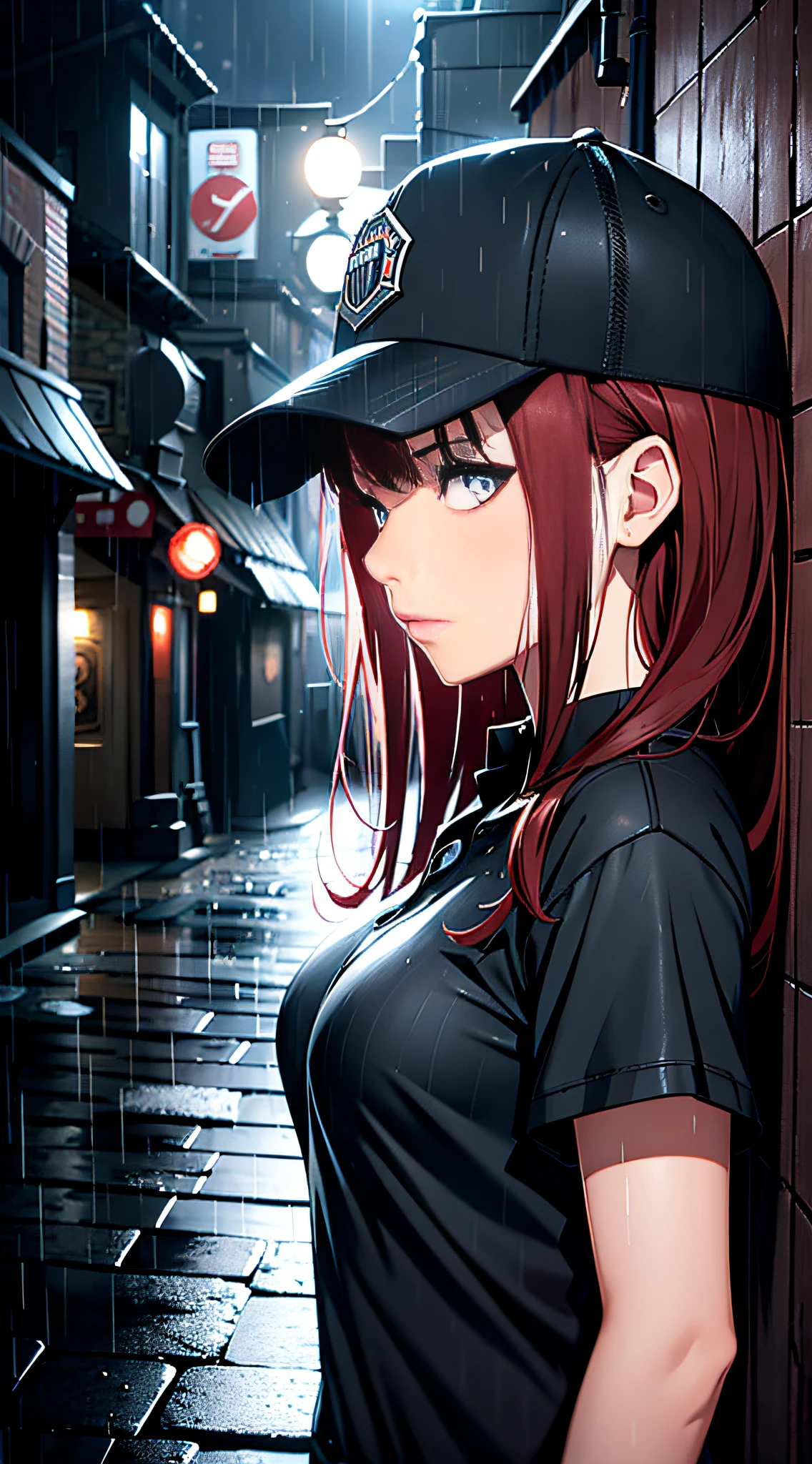 Girly, black baseball cap, dark red hair, blue eyes, time of rain, late night, alone, standing, city alley, deep shots, detailed, artistic lighting.