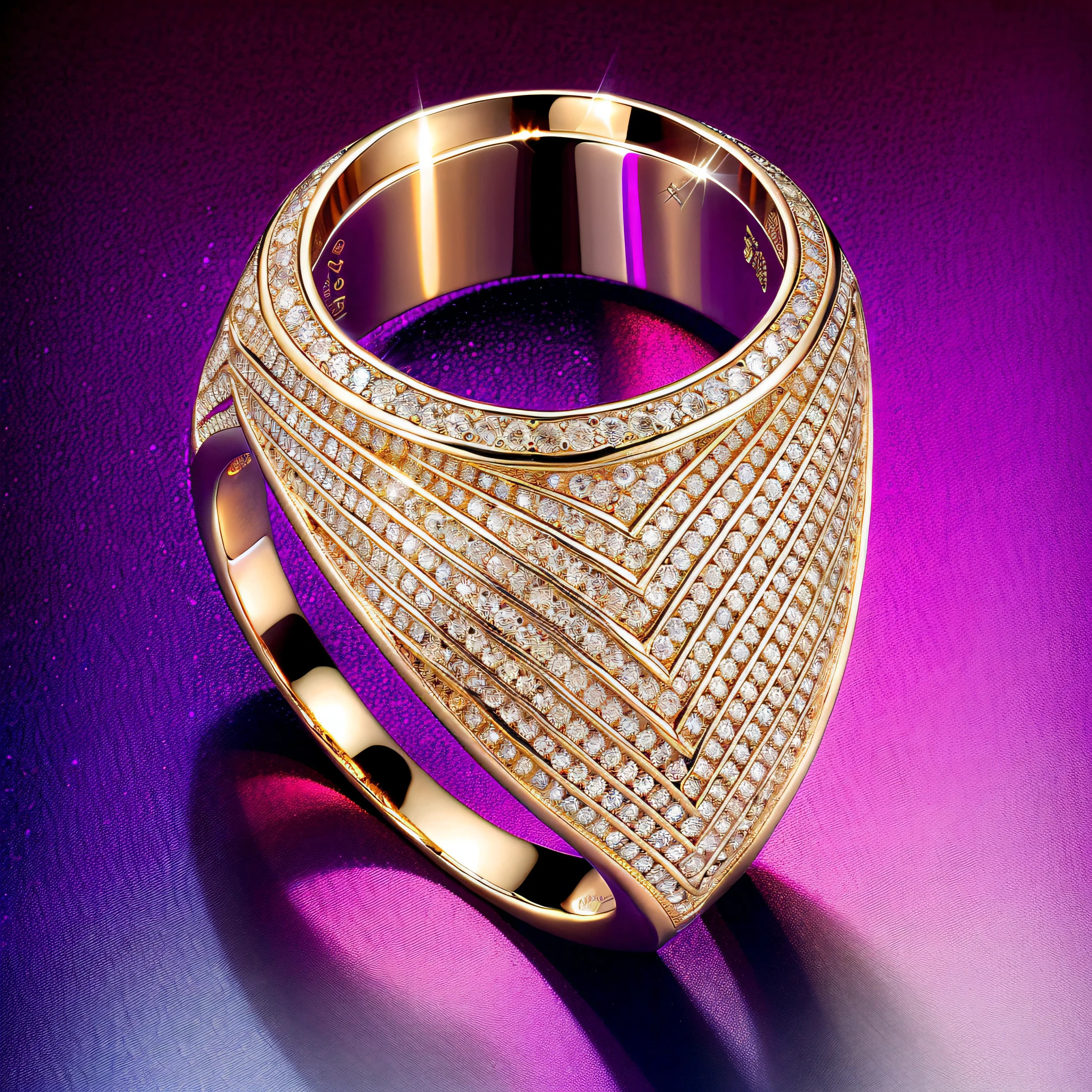 (SUPER DETAILED),LUXURY CHIC RED GOLD PRECIOUS RING WITH ONE BIG RED DIAMOND,THE DIAMOND SETTING HAS A BEAUTIFUL AND INTRICATE PATTERN,THE DIAMOND SPARKLES AND SHIMMERS IN THE LIGHT REFLECTING BEAUTIFUL MULTI-COLOURED HIGHLIGHTS,THE BACKGROUND IS BLACK,THE RING LIES ON BLACK VELVET,ULTRA SHARP DETAILS,ULTRA CLEAR,PHOTO STYLE IGOR SAKHAROV