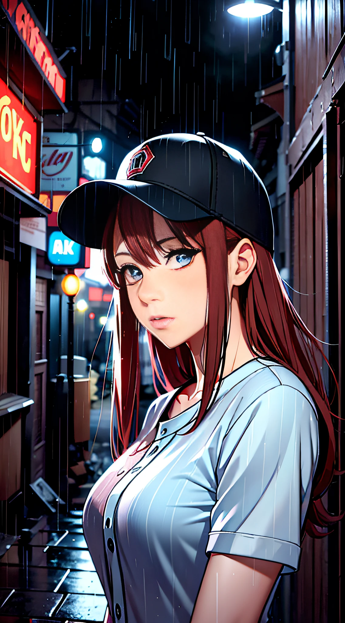 Girly, black baseball cap, dark red hair, blue eyes, time of rain, late night, alone, standing, city alley, deep shots, detailed, artistic lighting.