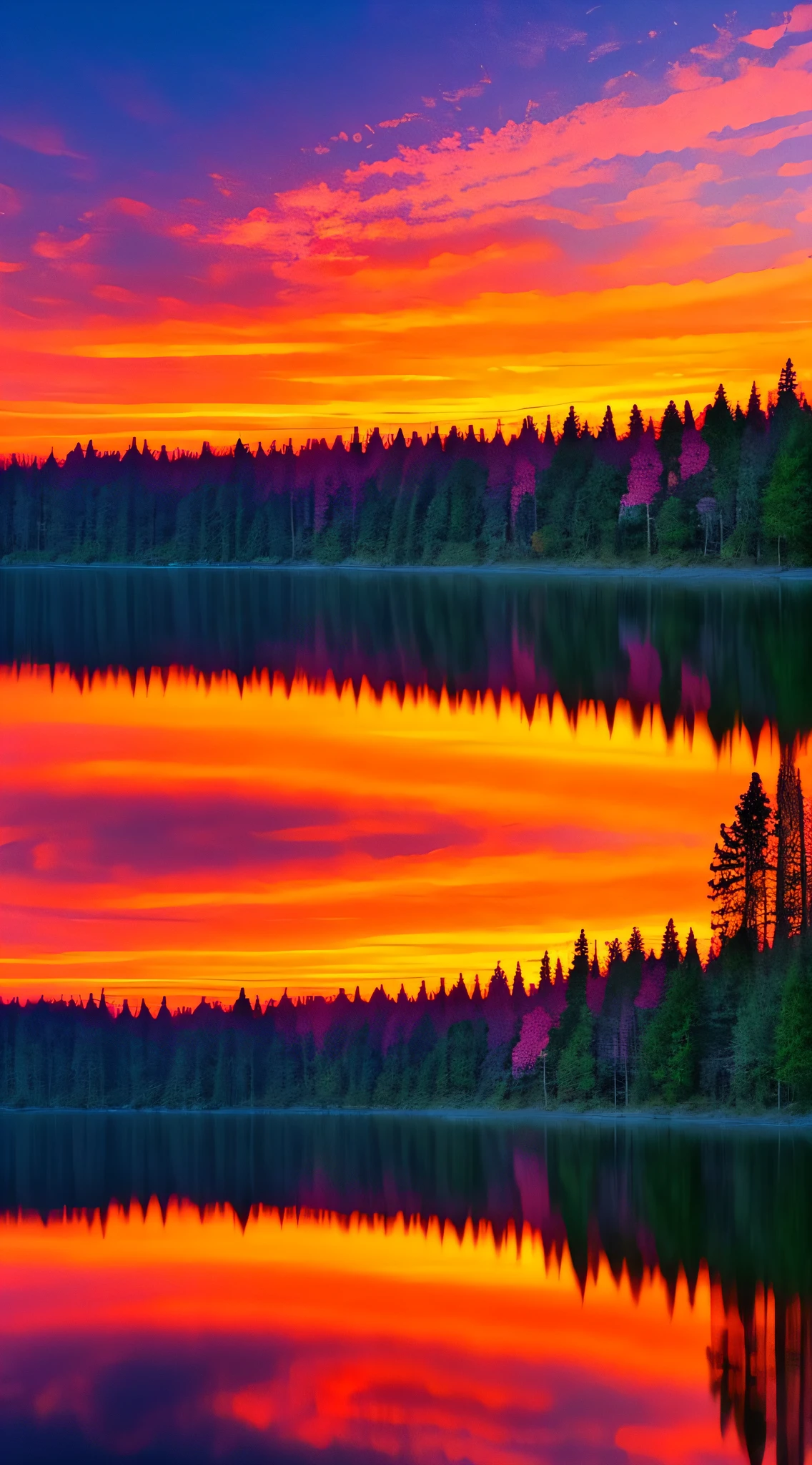 there is a beautiful sunset with a lake and trees in the background, colorful skies, surreal colors, colorful sunset, colorful sky, marvellous reflection of the sky, stunning sky, dream like atmosphere 8k, colorful clouds, colors reflecting on lake, surreal sky, red and blue reflections, fire reflection, beautiful sky, beautiful and spectacular dusk, beautiful dreamy landscape, amazing sky