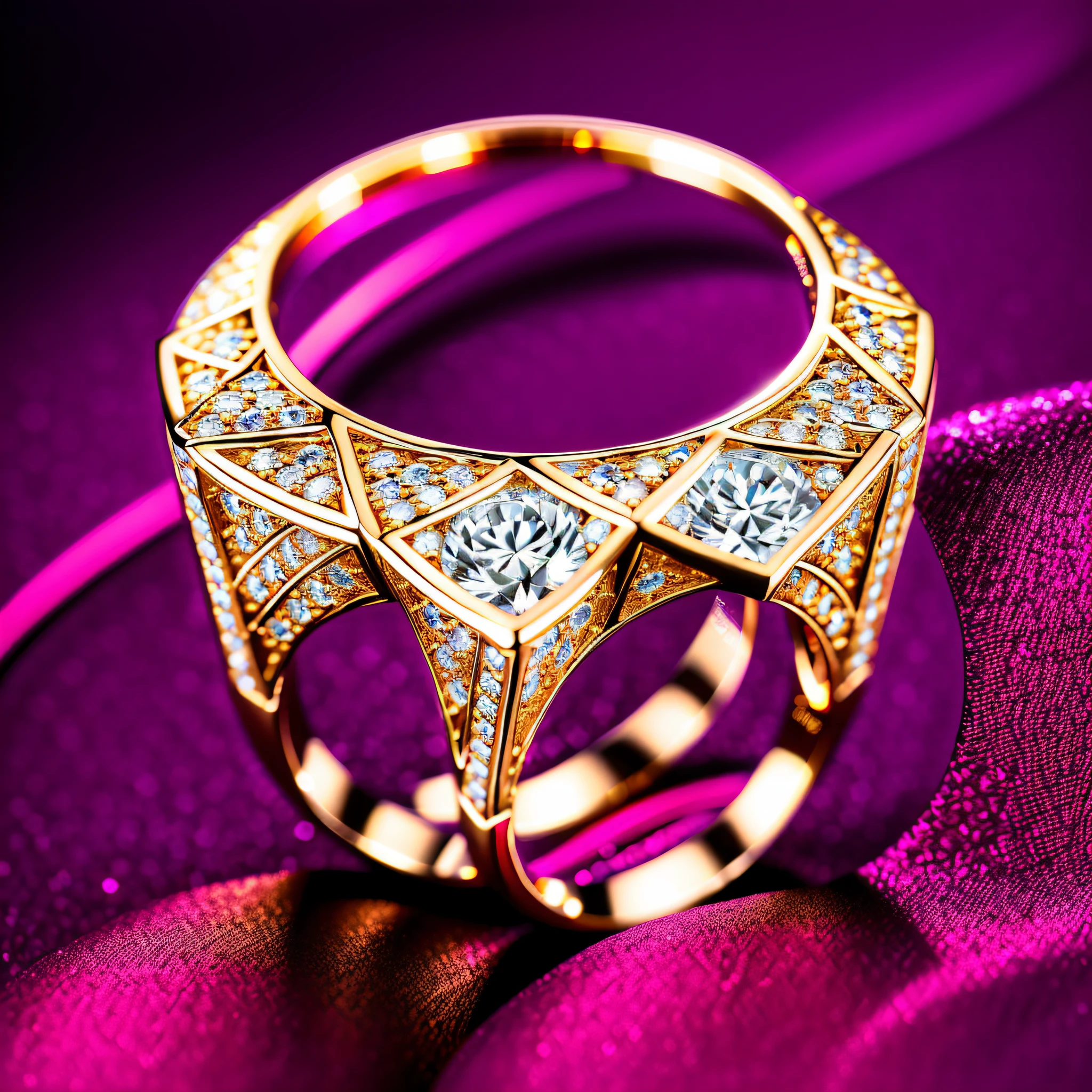 (SUPER DETAILED),LUXURY CHIC RED GOLD PRECIOUS RING WITH ONE BIG RED DIAMOND,THE DIAMOND SETTING HAS A BEAUTIFUL AND INTRICATE PATTERN,THE DIAMOND SPARKLES AND SHIMMERS IN THE LIGHT REFLECTING BEAUTIFUL MULTI-COLOURED HIGHLIGHTS,THE BACKGROUND IS BLACK,THE RING LIES ON BLACK VELVET,ULTRA SHARP DETAILS,ULTRA CLEAR,PHOTO STYLE IGOR SAKHAROV