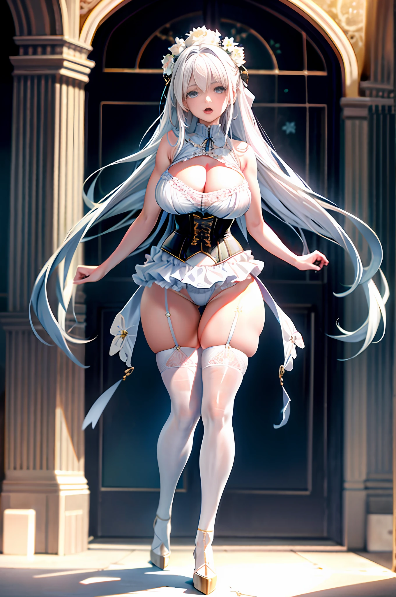 Ultra-realistic 8k CG, beautiful girl with white hair, blue eyes, open mouth, puffy, plump body, corset breast, fleshy thighs, white floral pattern stockings, high heels, full body, looking at the audience, symmetry, add_detail:1.5
