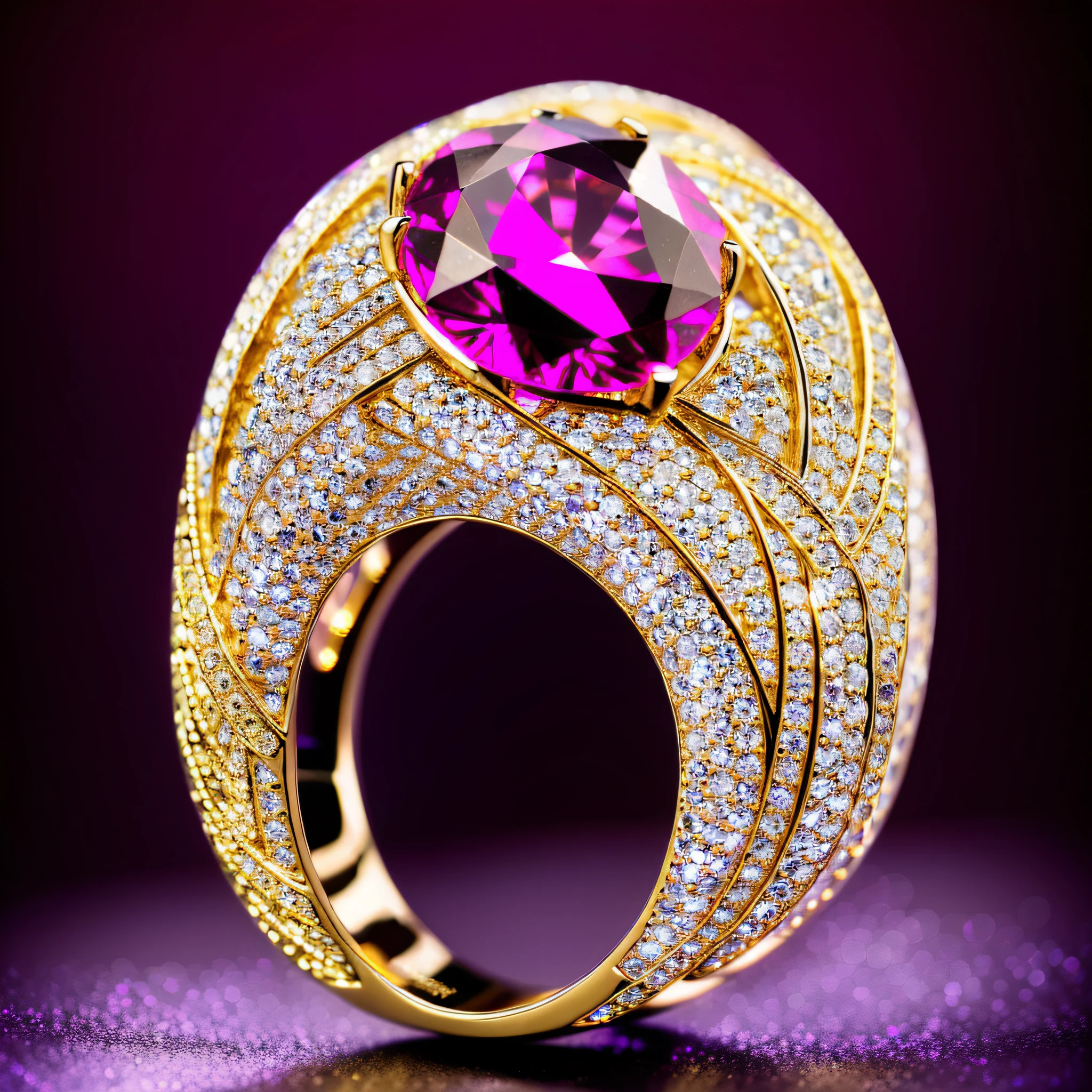 (SUPER DETAILED),LUXURY CHIC RED GOLD PRECIOUS RING WITH ONE BIG RED DIAMOND,THE DIAMOND SETTING HAS A BEAUTIFUL AND INTRICATE PATTERN,THE DIAMOND SPARKLES AND SHIMMERS IN THE LIGHT REFLECTING BEAUTIFUL MULTI-COLOURED HIGHLIGHTS,THE BACKGROUND IS BLACK,THE RING LIES ON BLACK VELVET,ULTRA SHARP DETAILS,ULTRA CLEAR,PHOTO STYLE IGOR SAKHAROV