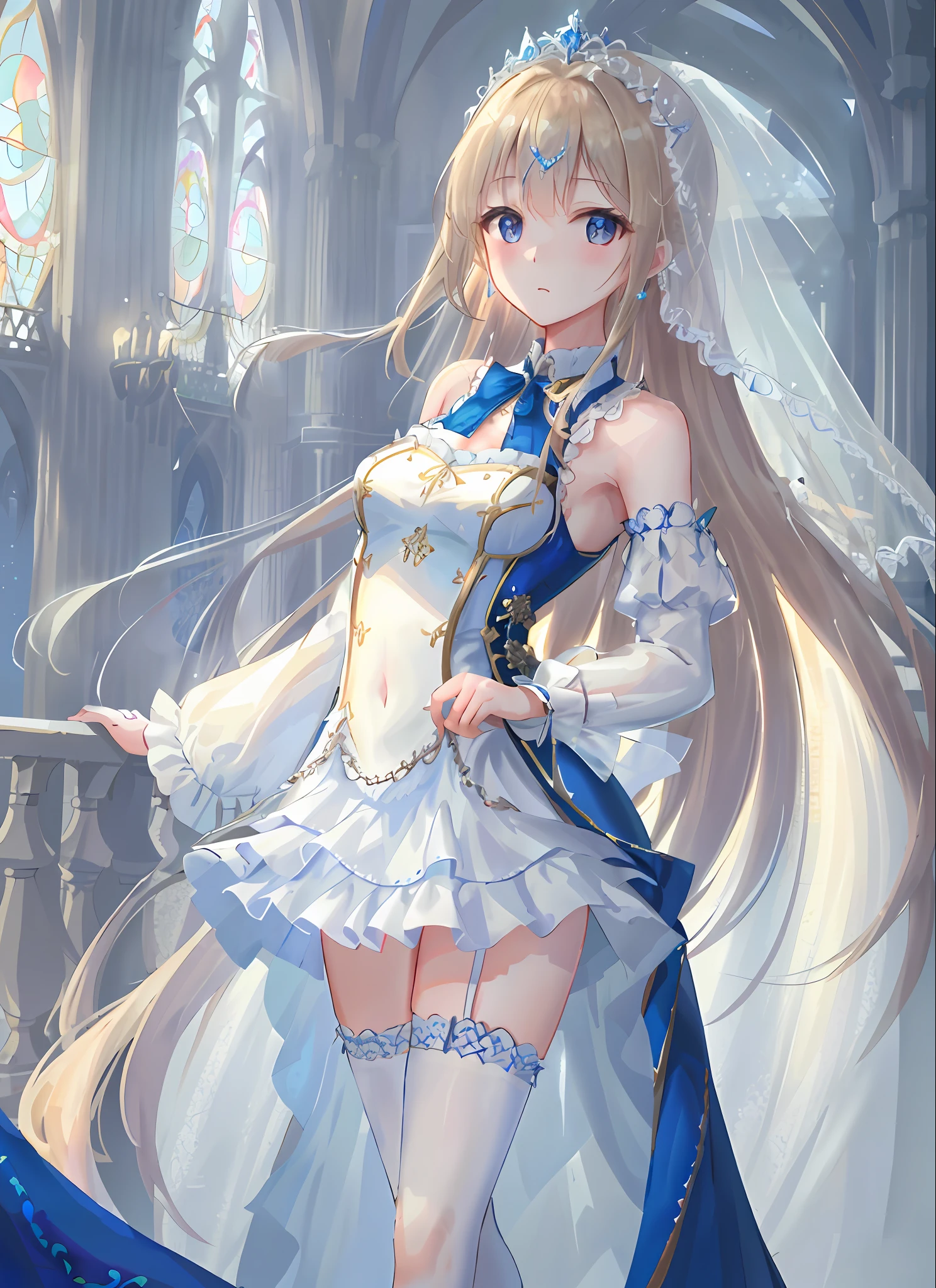 ((extremely detailed CG unity 8k wallpaper)), masterpiece, ultra-detailed, floating, high resolution, sexually suggestive, (petite, absurdly long blonde hair, princess, blue eyes, ("ornate long white and blue see through layered gown with detached sleeves and holy embroidery"), bridal veil, circlet, bridal gauntlets, bridal garters, corset, blushing, bare shoulders, no underwear)
