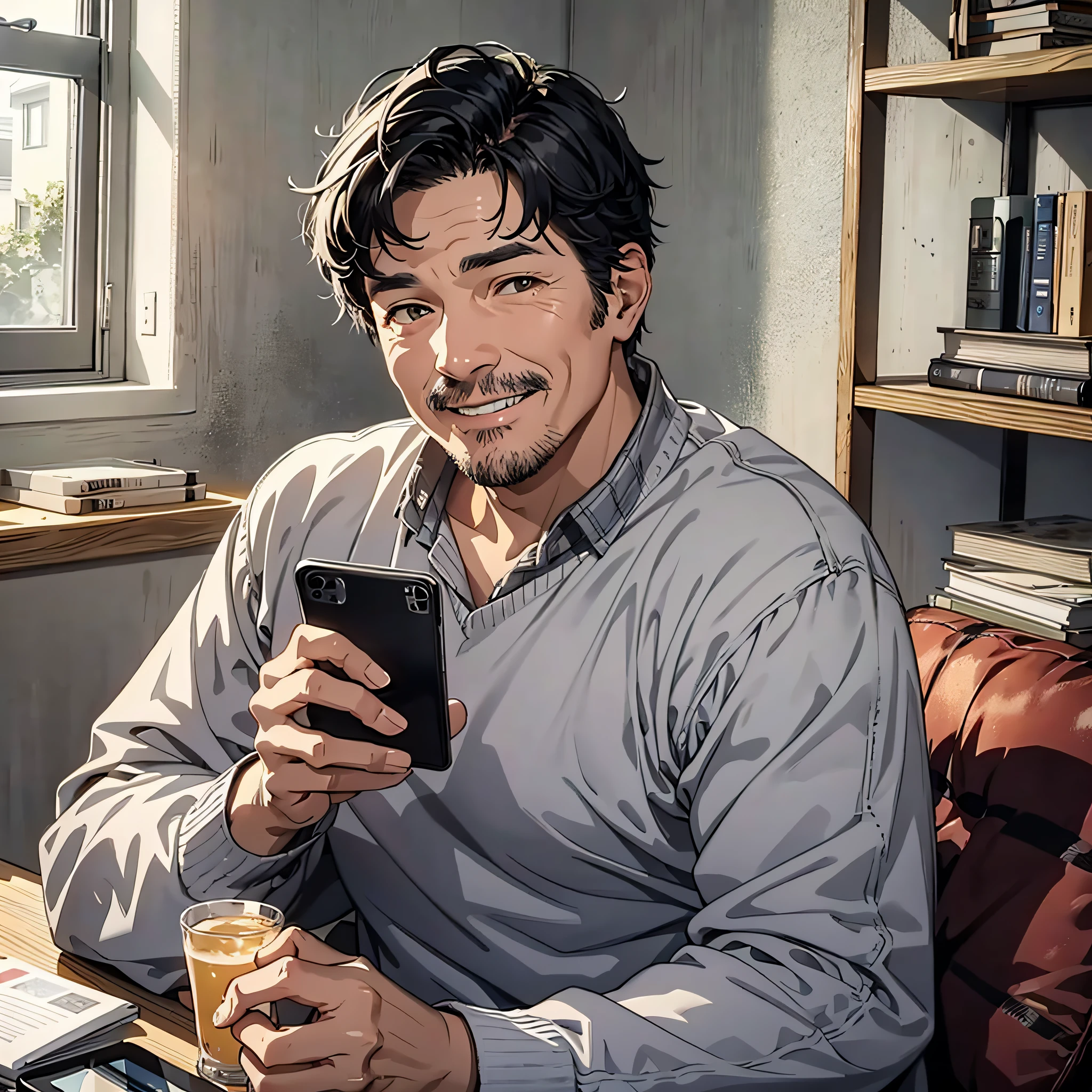 The middle-aged man with black hair, in the cozy house, followed by the phone, very happy
