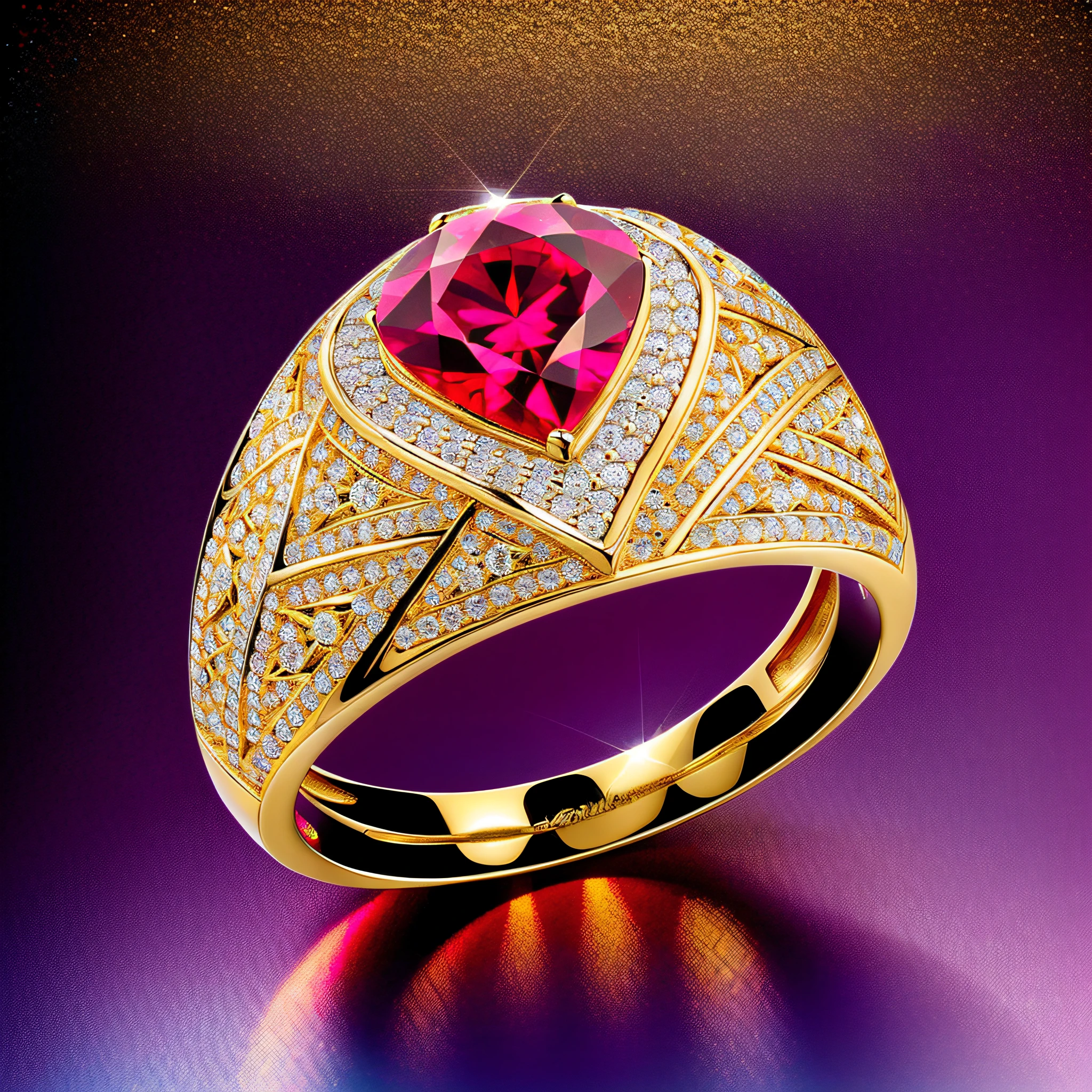 (SUPER DETAILED),LUXURY CHIC RED GOLD PRECIOUS RING WITH ONE BIG RED DIAMOND,THE DIAMOND SETTING HAS A BEAUTIFUL AND INTRICATE PATTERN,THE DIAMOND SPARKLES AND SHIMMERS IN THE LIGHT REFLECTING BEAUTIFUL MULTI-COLOURED HIGHLIGHTS,THE BACKGROUND IS BLACK,THE RING LIES ON BLACK VELVET,ULTRA SHARP DETAILS,ULTRA CLEAR,PHOTO STYLE IGOR SAKHAROV