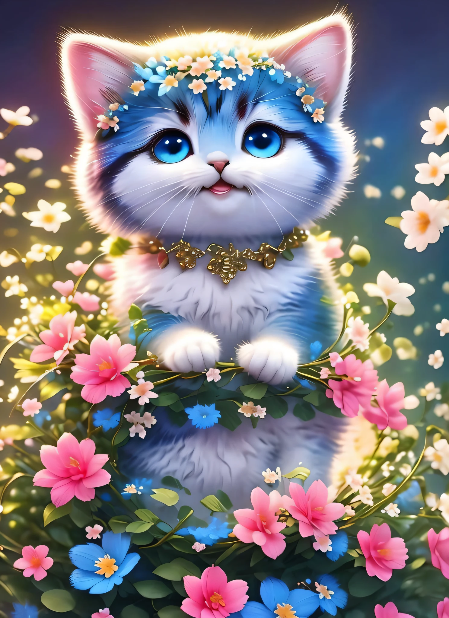 Cutemaomao, fish, colorful cat illustration with blue eyes, cat fur is black, kitten, digital illustration, Behance contest winner, HD vector art, main, blurry and dreamy illustration, highly detailed color low poly art