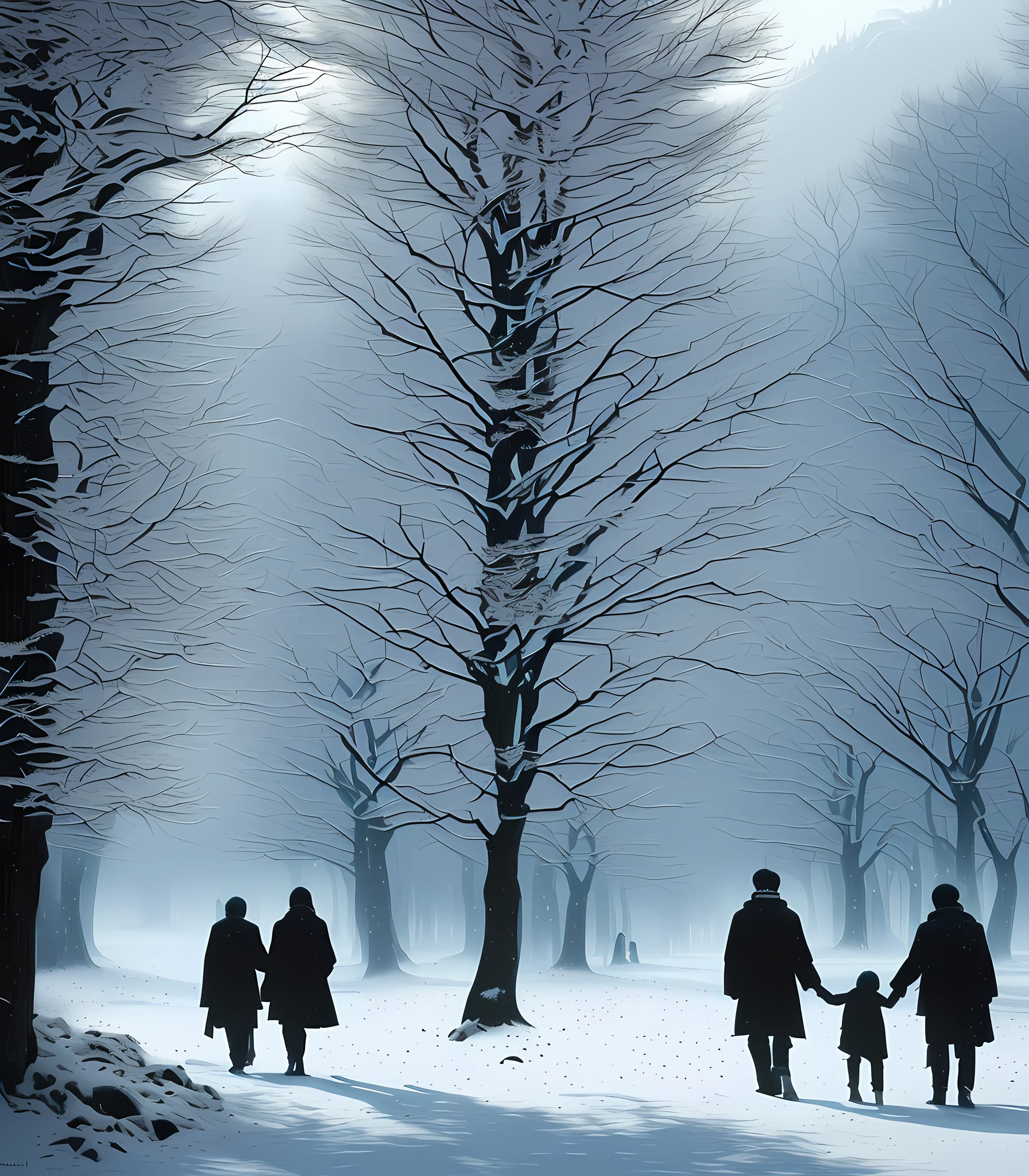 (Masterpiece) high-detail RAW, ((Japan snowy landscape, couple of Japan, age is 20s, holding hands, 1 man and 1 woman)), walking through a forest alley with skyscrapers and trees, Hassan fantasy style, hyper-realistic highly detailed complex photorealistic by Jeremy Mann and Donato Giankora