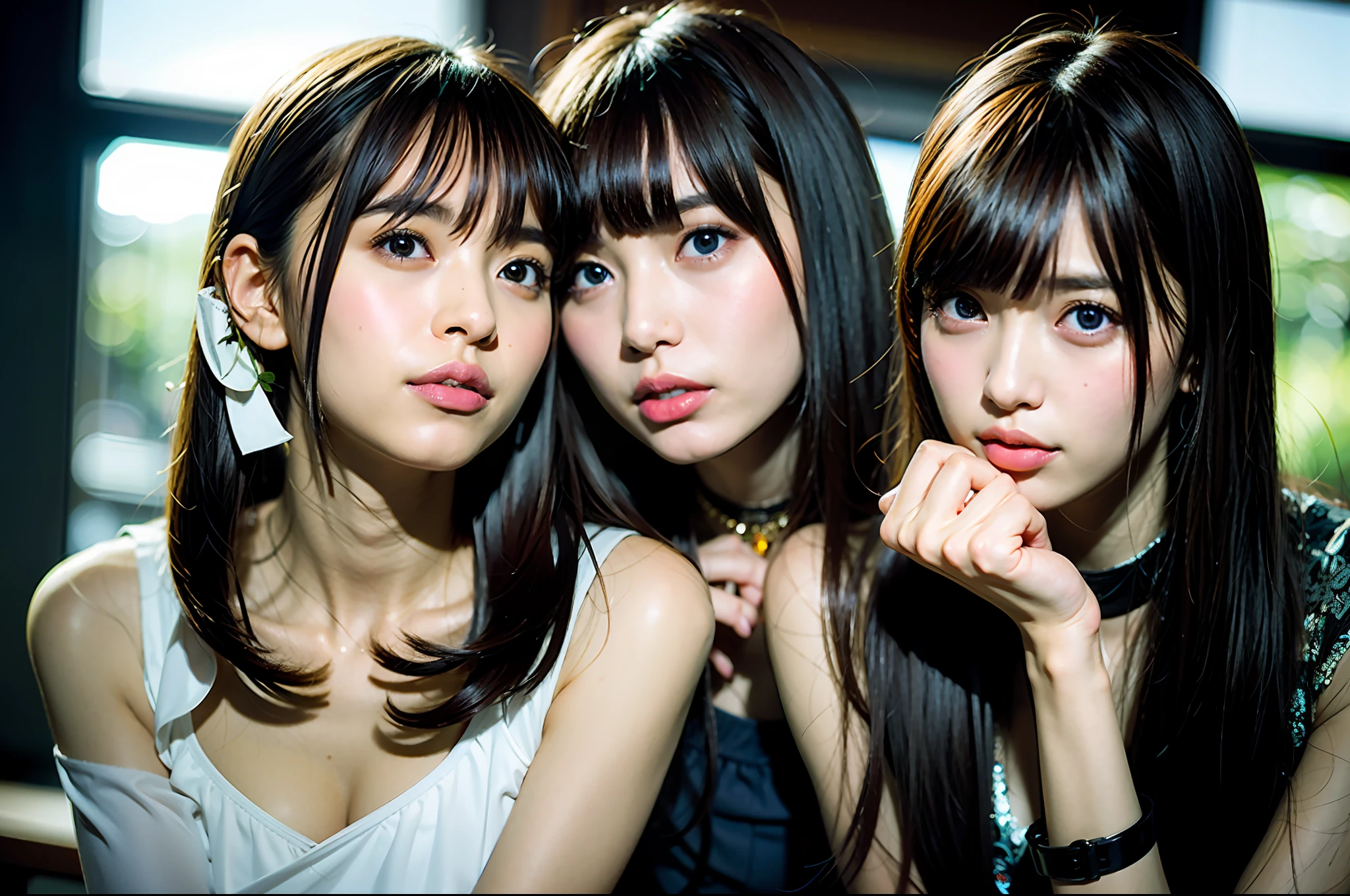(Ultra Realistic), Top Quality, Ultra High Definition, ((Kissing (Twin Slim Girls)), (Tongue Kiss: 1.2), (French Kiss: 0.8), Bangs, Asian, Indoors, Detailed Face, Black Thighs, Yellow Eyes, Short Hair, Makeup, Detailed Black Hair, Detary Eyes, Detary Lips, Cosplay, Armpit Display, Blurred Window Background, Jewelry, (PureErosFace_V1:0.8), (ulzzang-6500:0.66)、